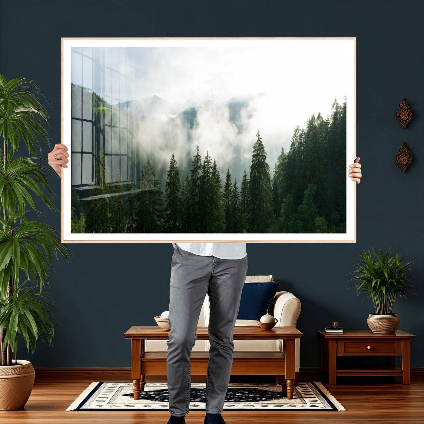 67174129-MGV-CV-36X24 - Misty Mountain Forest Canvas Print, Foggy Pine Trees Nature Wall Art, Framed Canvas Ready to Hang