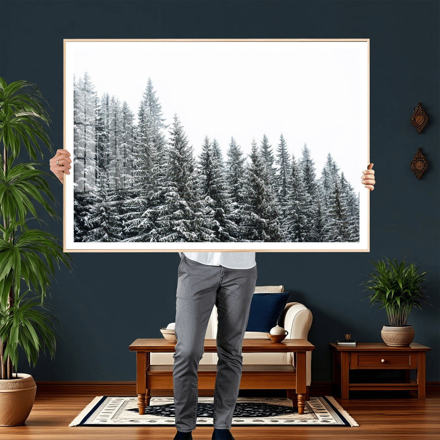 69566941-MGV-CV-36X24 - Misty Mountain Forest Canvas Print, Foggy Pine Trees Nature Wall Art, Framed Canvas Ready to Hang