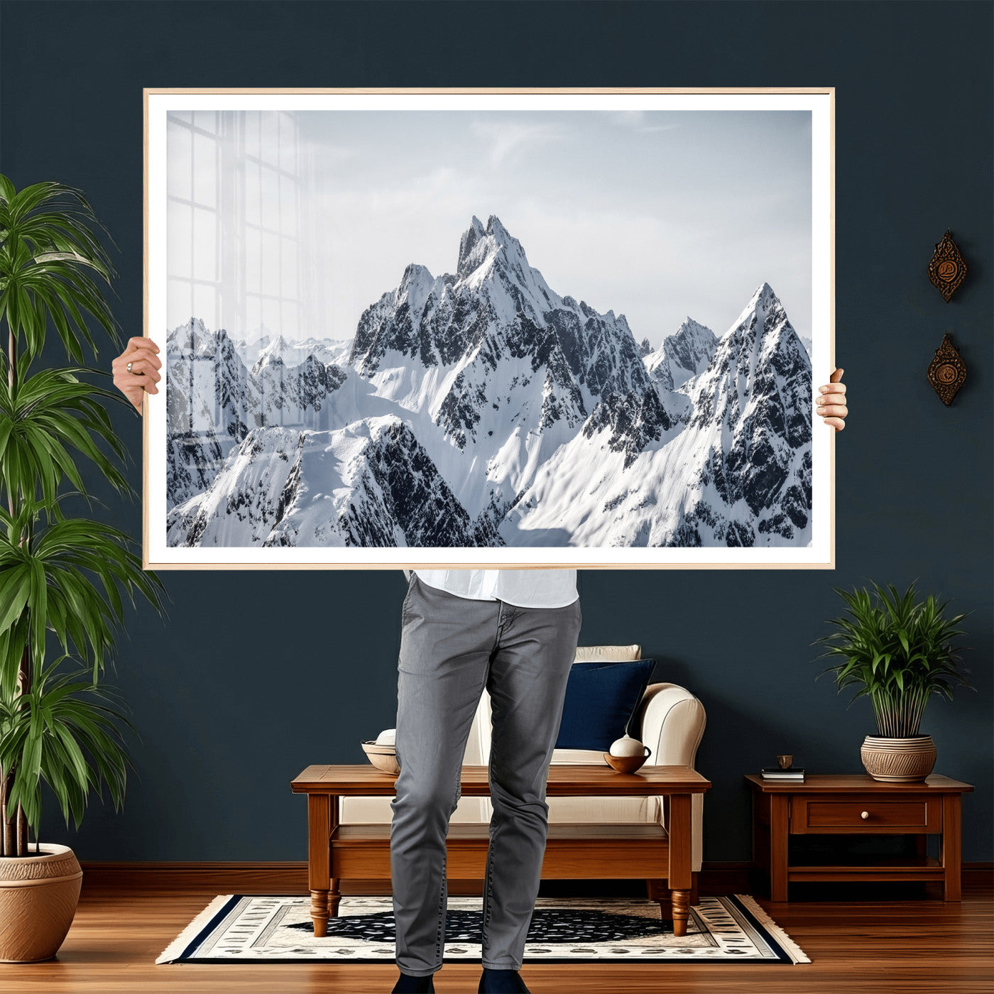 33126265-MGV-CV-36X24 - Snowy Mountain Range Canvas Print, Alpine Peaks Landscape Wall Art, Framed Canvas Ready to Hang