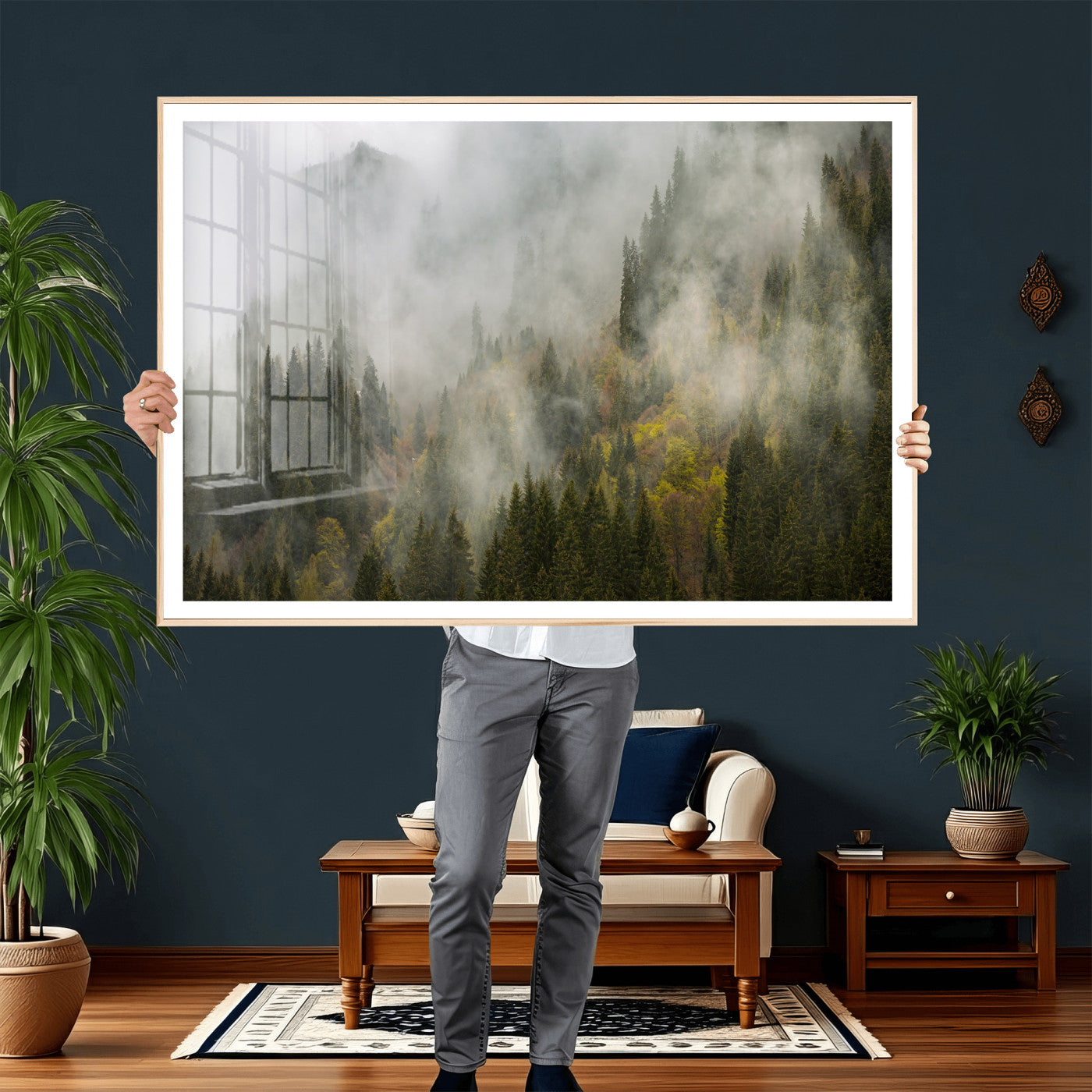 31152954-MGV-CV-36X24 - Misty Mountain Forest Canvas Print, Foggy Pine Trees Nature Wall Art, Framed Canvas Ready to Hang