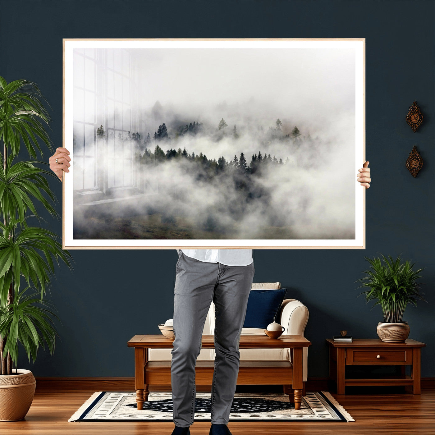 63235457-MGV-CV-36X24 - Foggy Forest Wall Art Canvas Print, Misty Pine Tree Landscape Wall Art Print, Framed Wall Art Ready to Hang