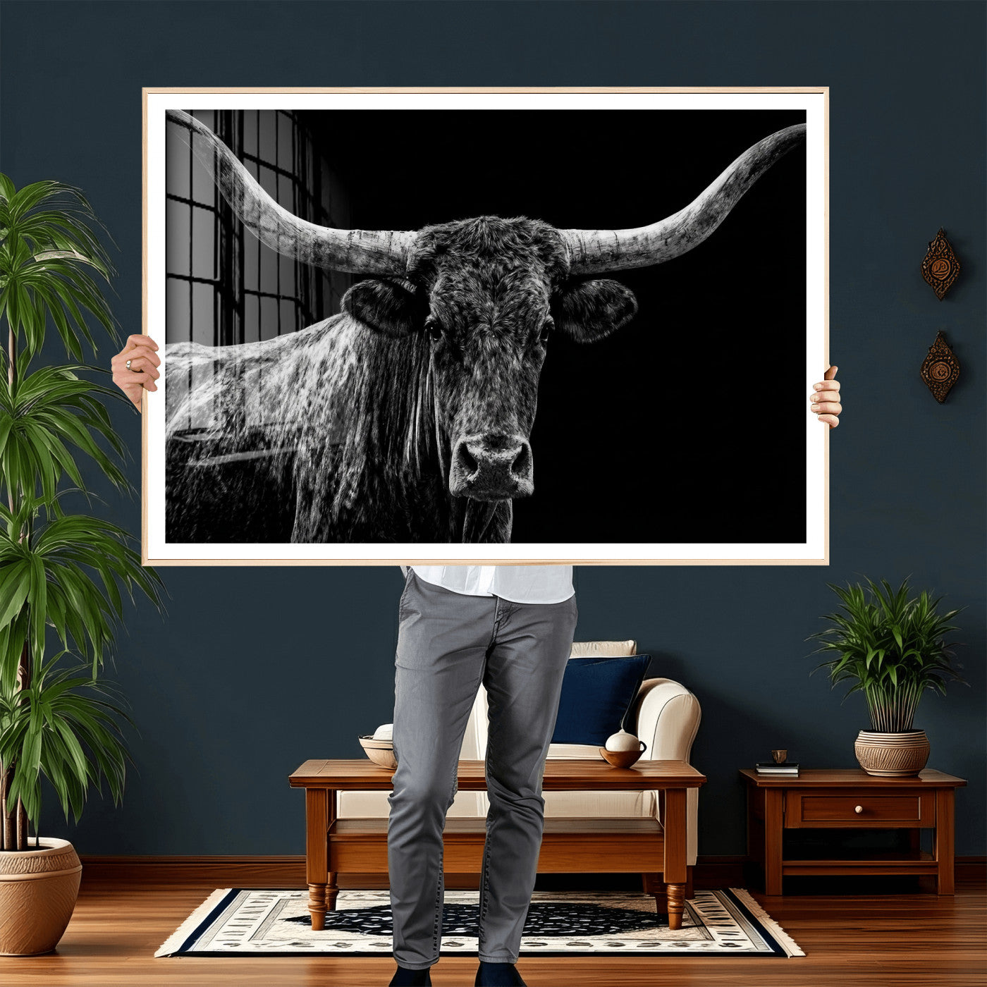 86568508-MGV-CV-36X24 - Vintage Texas Longhorn Bull Wall Art Canvas Print, Texas Cow Portrait Print, Framed Bull Wall Art Ready to Hang