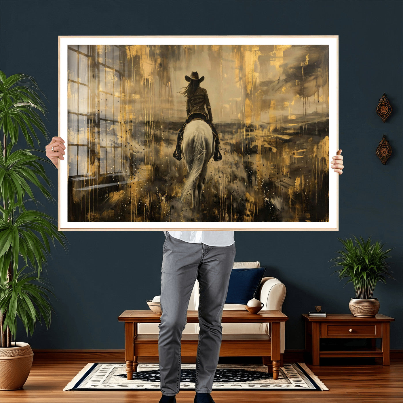 20465530-MGV-CV-36X24 - Cowgirl Wall Art Canvas Print, Western Horse Rider Wall Art, Framed Wall Art Ready to Hang