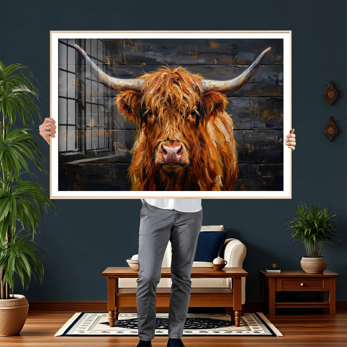 32536611-MGV-CV-36X24 - Highland Cow Wall Art Canvas Print, Rustic Farm Animal Painting, Framed Wall Art Ready to Hang