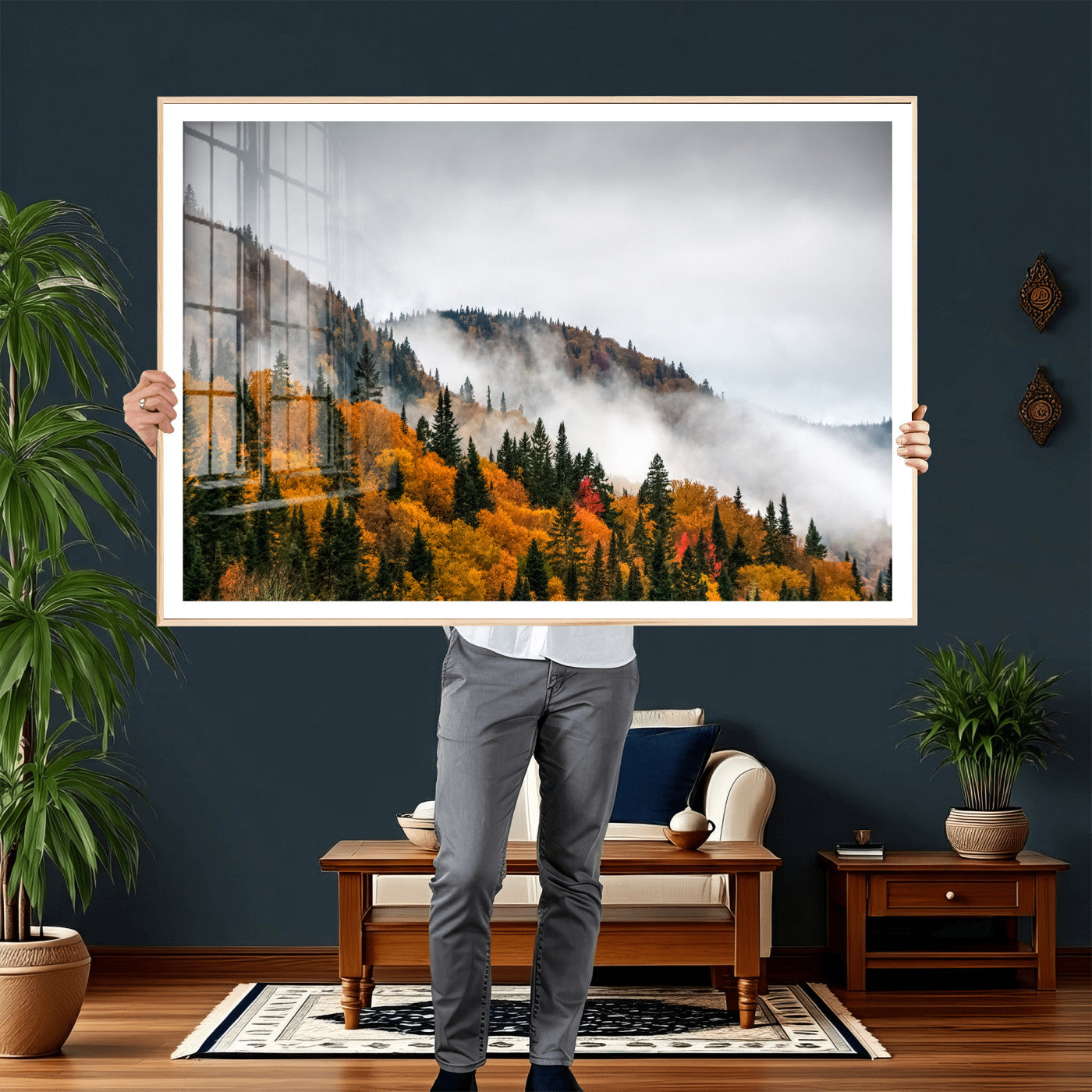 93581632-MGV-CV-36X24 - Autumn Forest Wall Art Canvas Print, Foggy Mountain Landscape Nature Photography, Framed Wall Art Ready to Hang