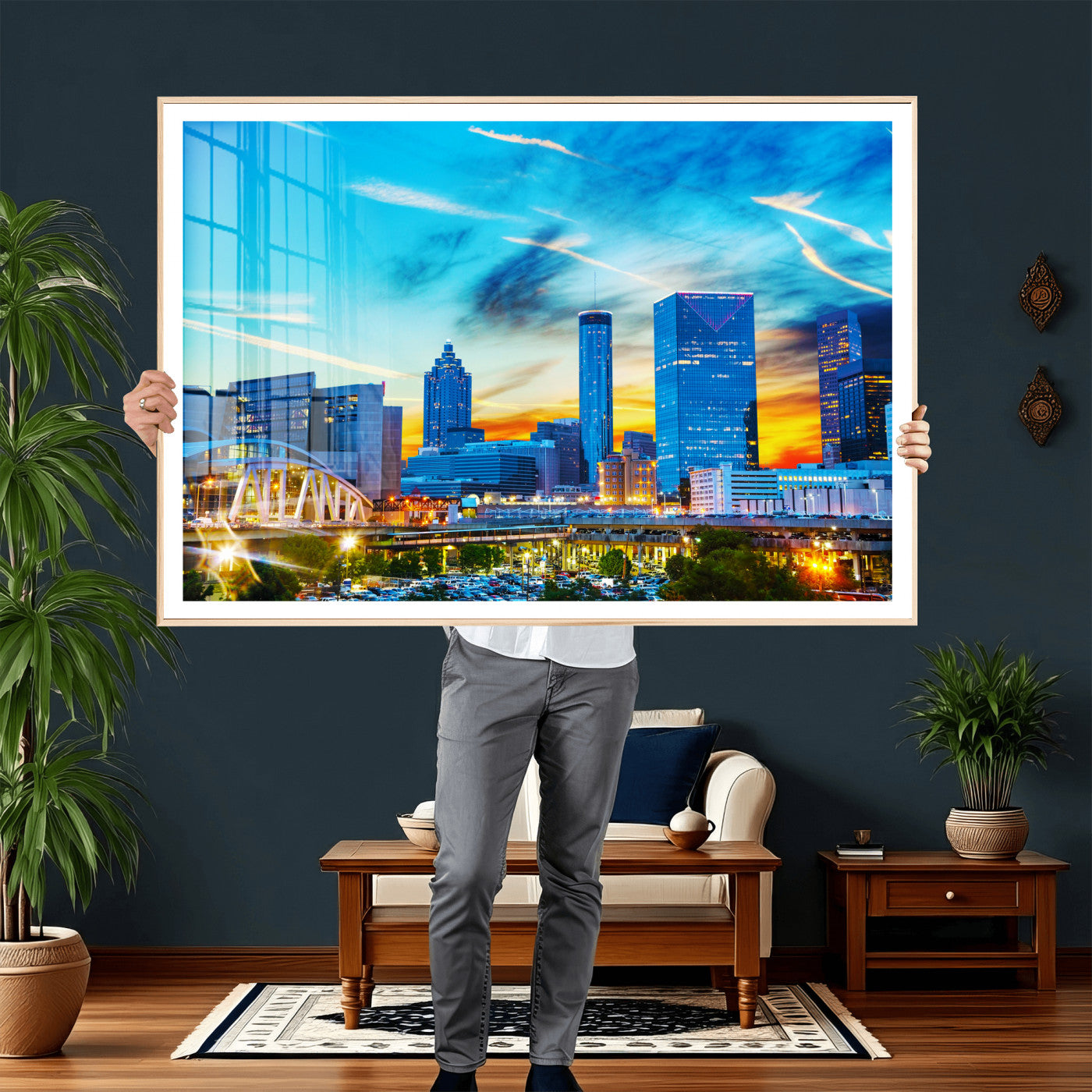 23097797-MGV-CV-36X24 - Atlanta Skyline Wall Art Canvas Print, Atlanta Downtown Night Cityscape Print for Modern Urban Wall Decor