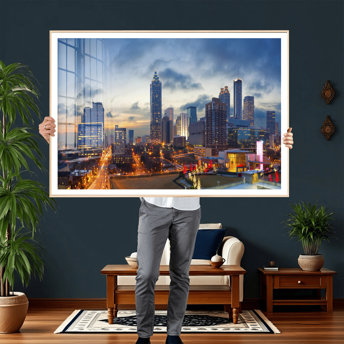 18461309-MGV-CV-36X24 - Atlanta Skyline Wall Art Canvas Print, Atlanta Downtown Night Cityscape Print for Modern Urban Wall Decor