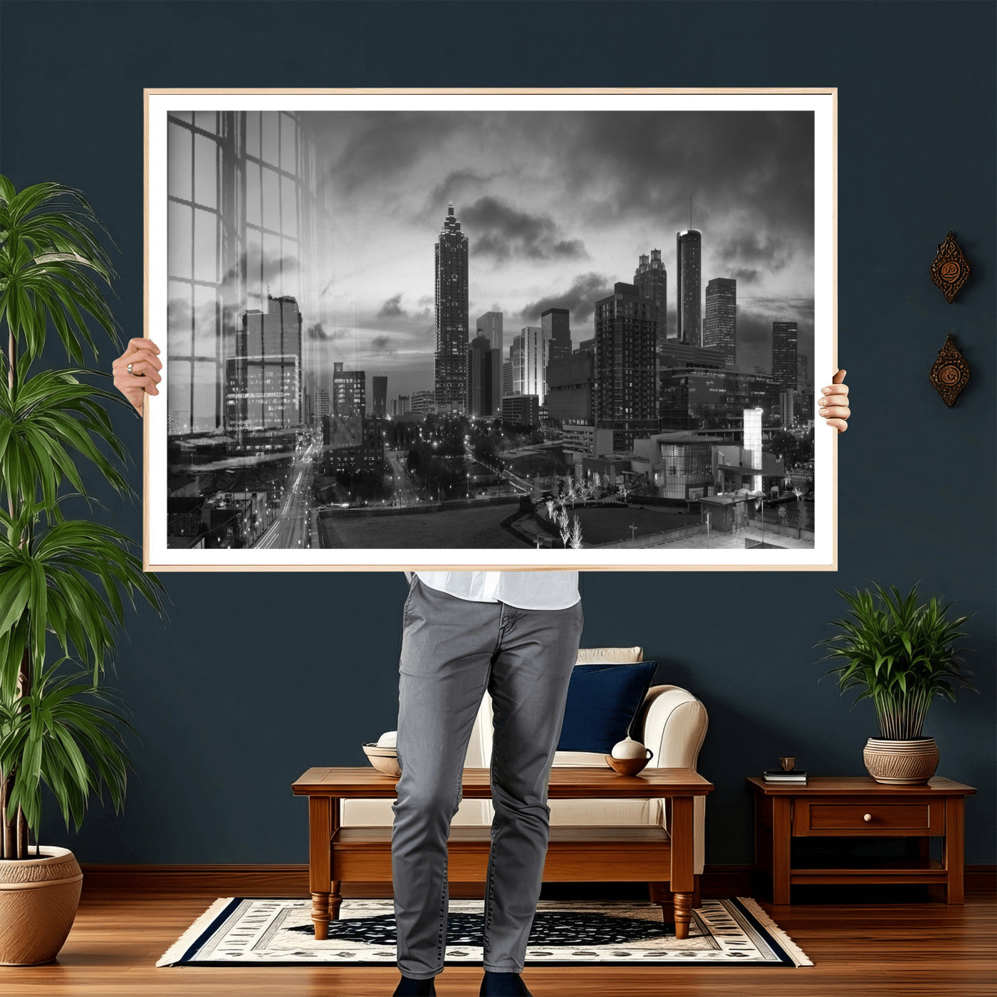 91959506-MGV-CV-36X24 - Atlanta Skyline Wall Art Canvas Print, Atlanta Downtown Night Cityscape Print for Modern Urban Wall Decor