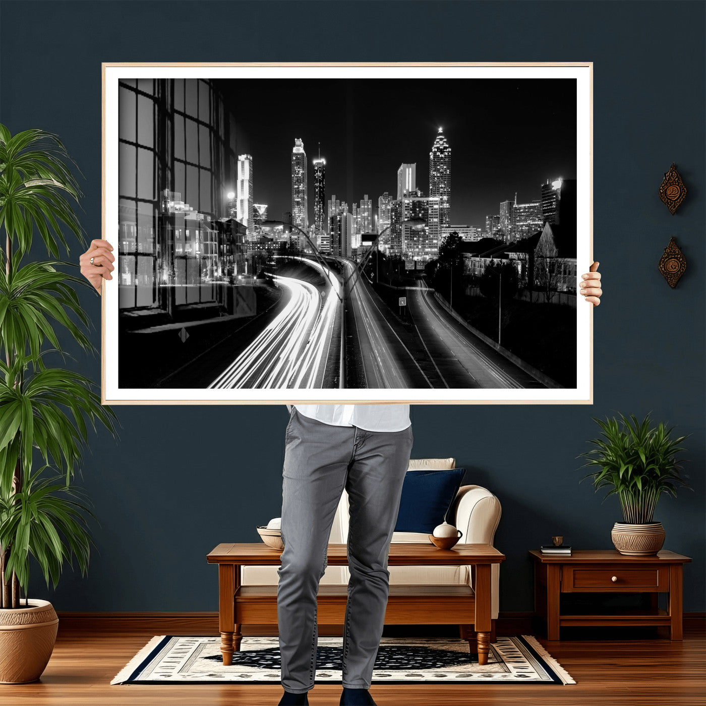 80330064-MGV-CV-36X24 - Atlanta Skyline Wall Art Canvas Print, Atlanta Downtown Night Cityscape Print for Modern Urban Wall Decor