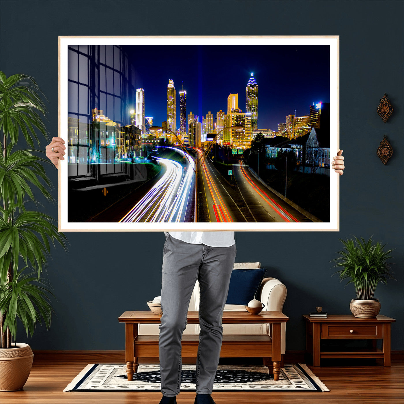 12967464-MGV-CV-36X24 - Atlanta Skyline Wall Art Canvas Print, Atlanta Downtown Night Cityscape Print for Modern Urban Wall Decor