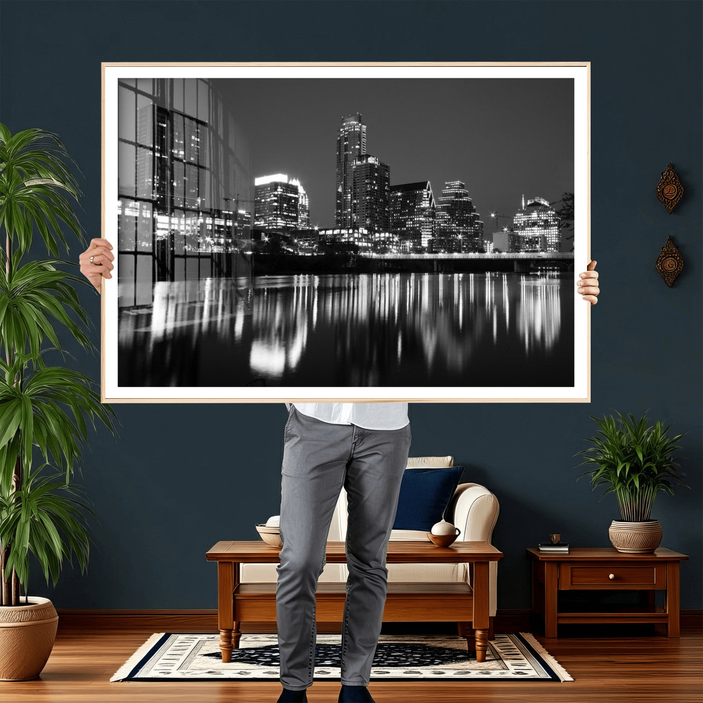 38129554-MGV-CV-36X24 - Austin Skyline Wall Art Canvas Print, Austin Downtown Night Cityscape Print for Modern Urban Wall Decor