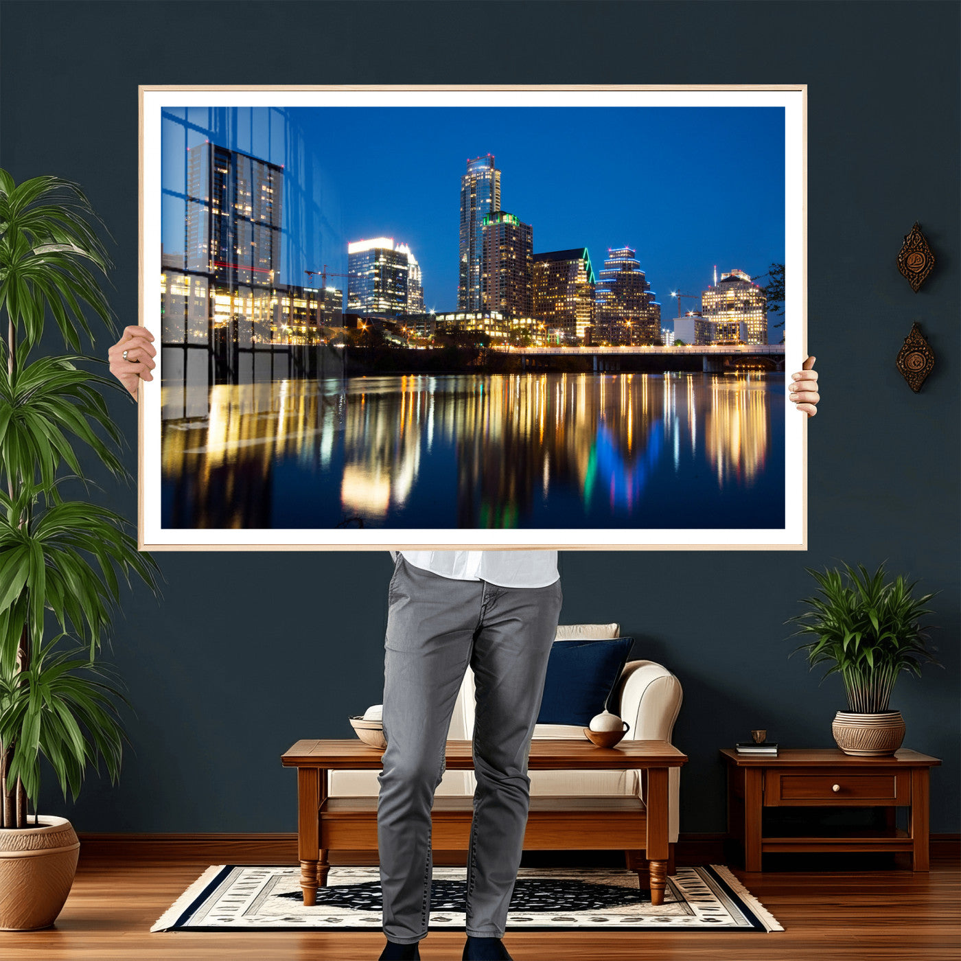 21916206-MGV-CV-36X24 - Austin Skyline Wall Art Canvas Print, Austin Downtown Night Cityscape Print for Modern Urban Wall Decor