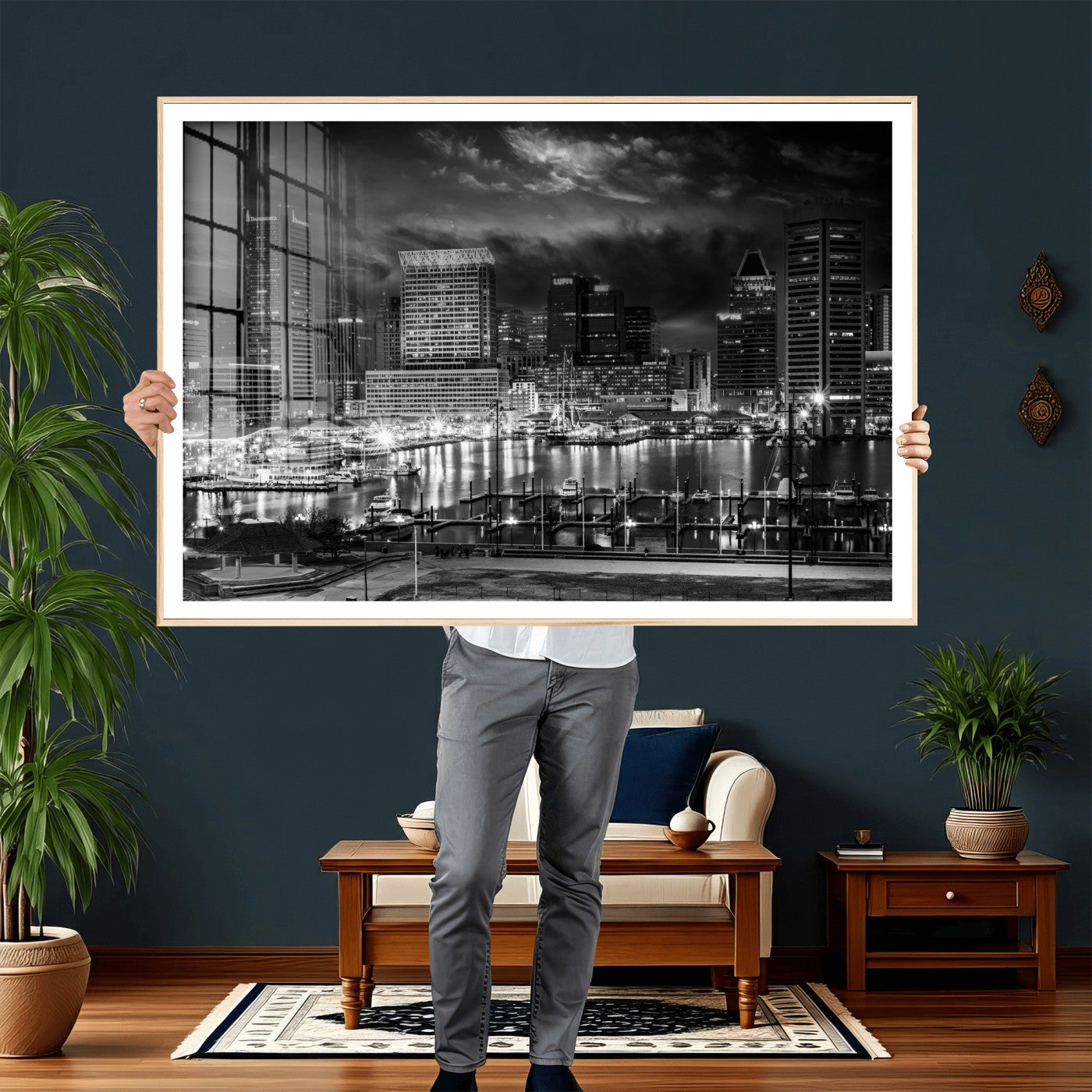 79755655-MGV-CV-36X24 - Baltimore Skyline Wall Art Canvas Print, Baltimore Downtown Night Cityscape Print for Modern Urban Wall Decor