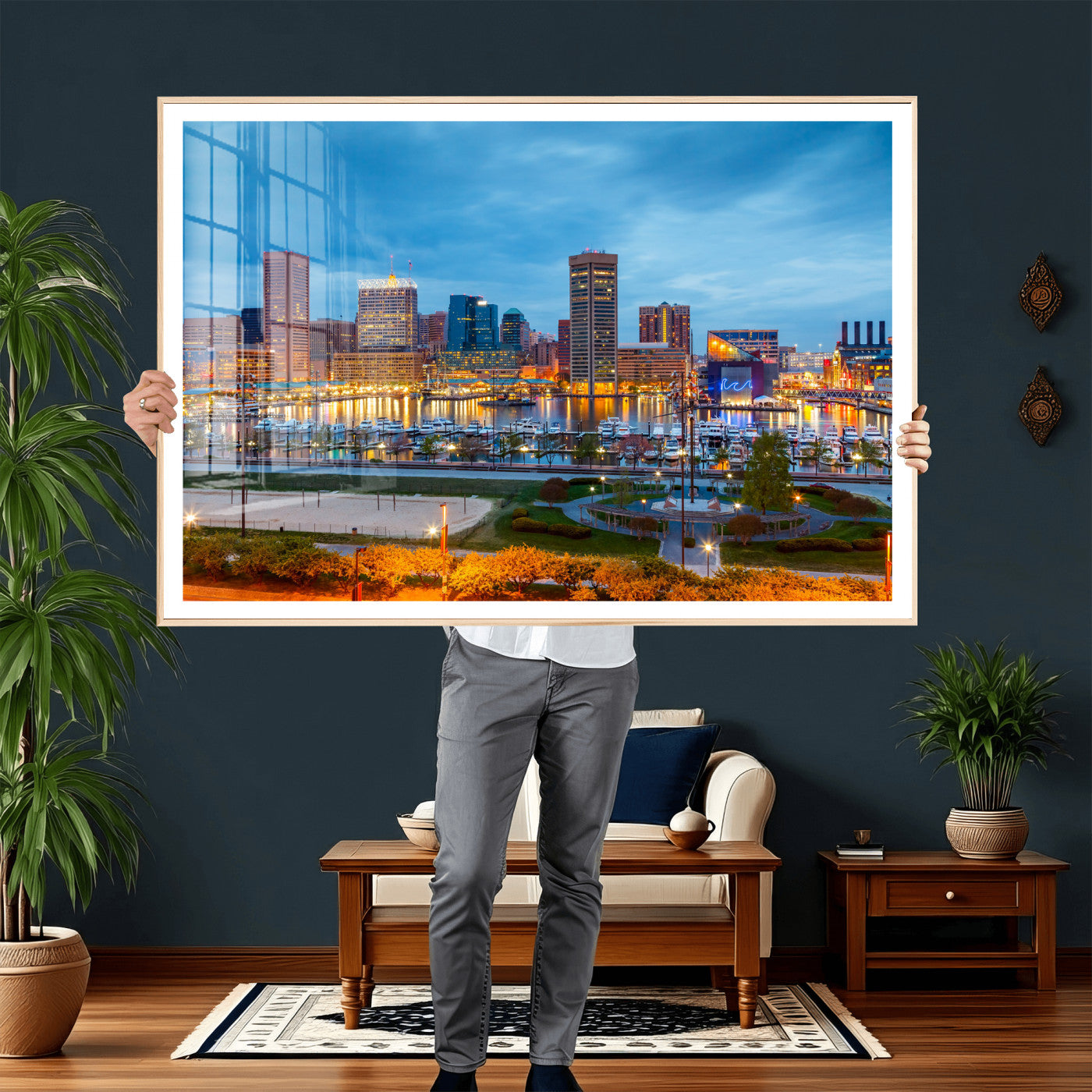78635089-MGV-CV-36X24 - Baltimore Skyline Wall Art Canvas Print, Baltimore Downtown Night Cityscape Print for Modern Urban Wall Decor