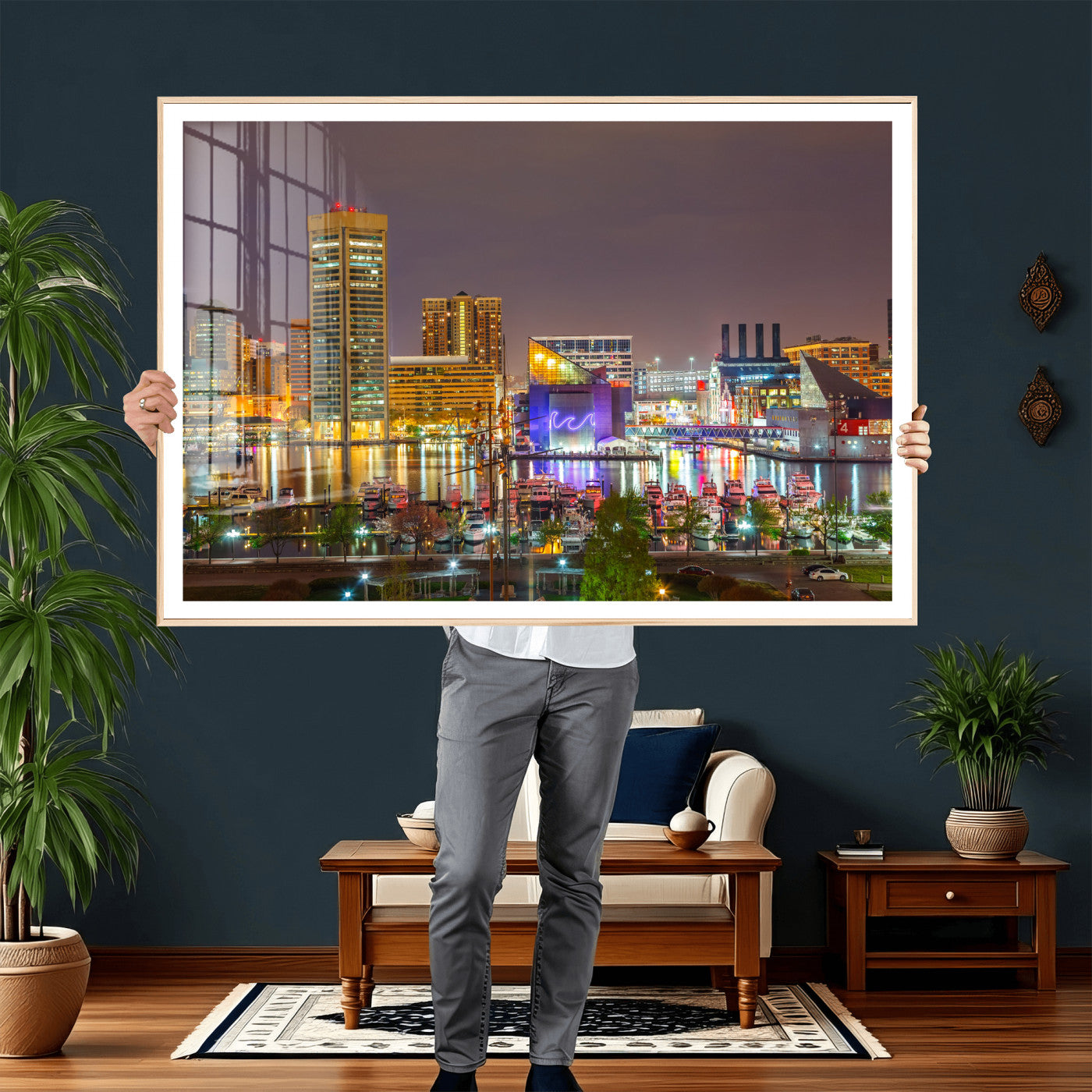 42654823-MGV-CV-36X24 - Baltimore Skyline Wall Art Canvas Print, Baltimore Downtown Night Cityscape Print for Modern Urban Wall Decor