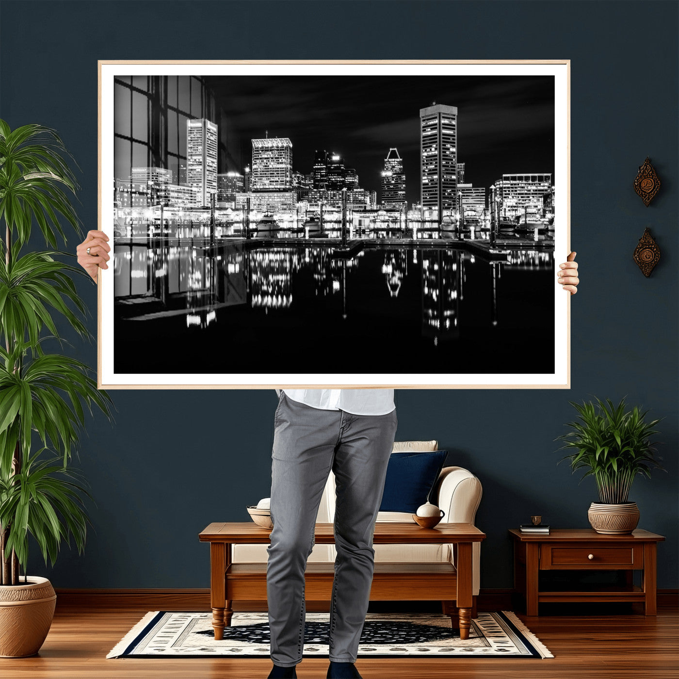 69187681-MGV-CV-36X24 - Baltimore Skyline Wall Art Canvas Print, Baltimore Downtown Night Cityscape Print for Modern Urban Wall Decor