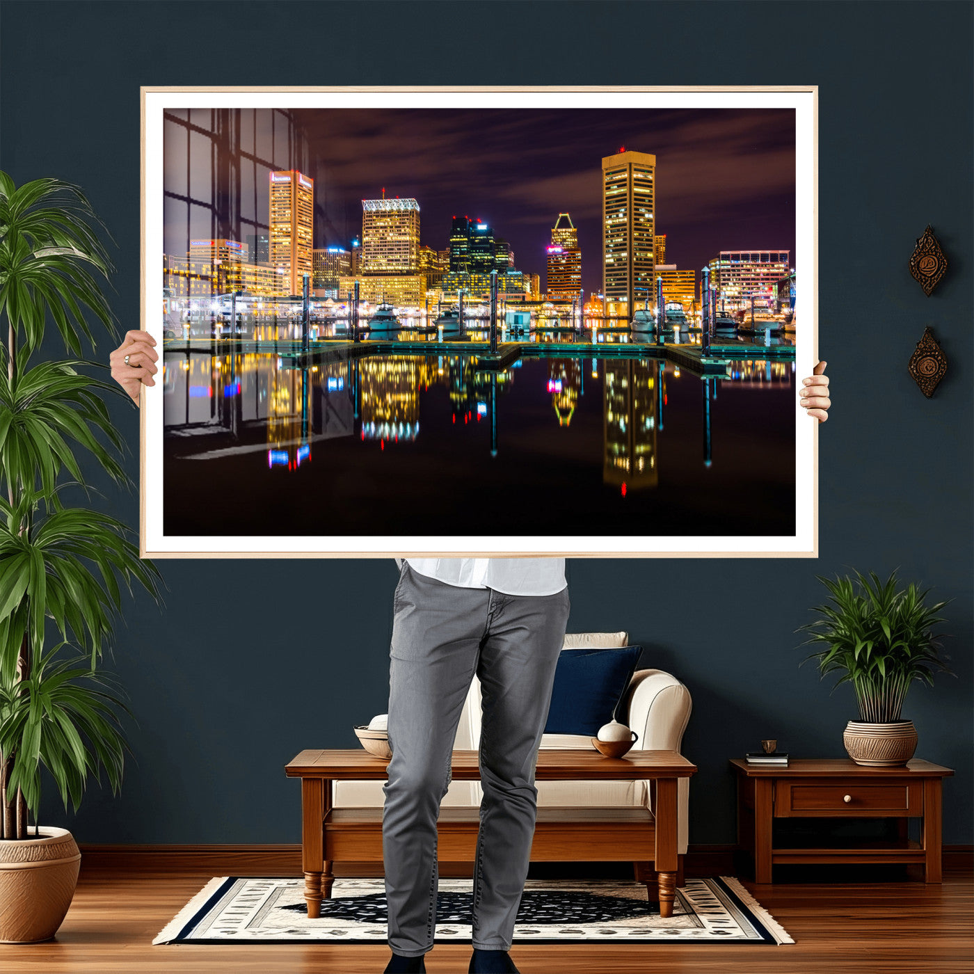 38201692-MGV-CV-36X24 - Baltimore Skyline Wall Art Canvas Print, Baltimore Downtown Night Cityscape Print for Modern Urban Wall Decor