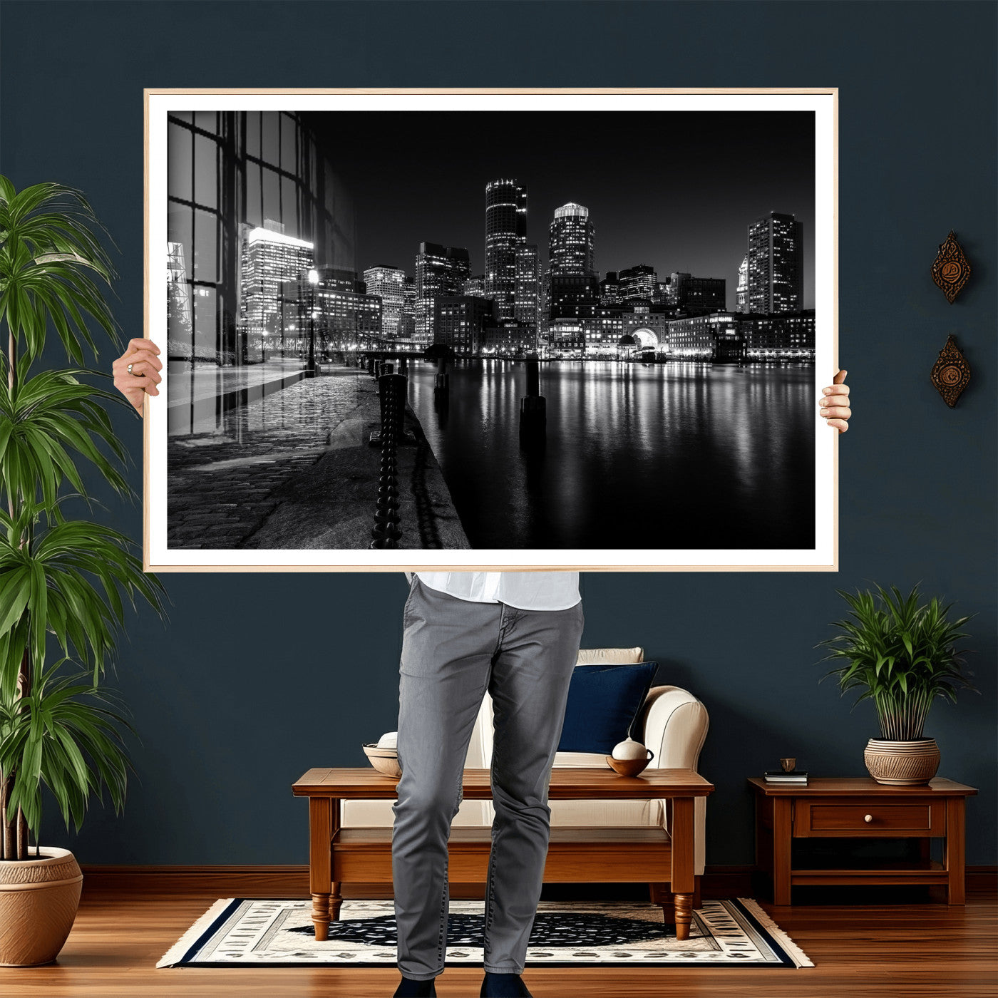 53082656-MGV-CV-36X24 - Boston Wall Art Canvas Print, Boston City Downtown Night Cityscape Print for Modern Urban Wall Decor