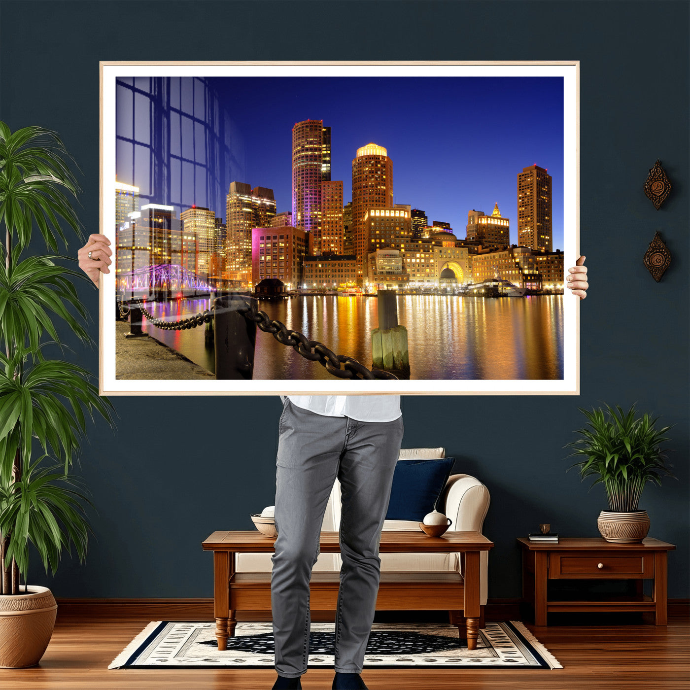 56611117-MGV-CV-36X24 - Boston Wall Art Canvas Print, Boston City Downtown Night Cityscape Print for Modern Urban Wall Decor