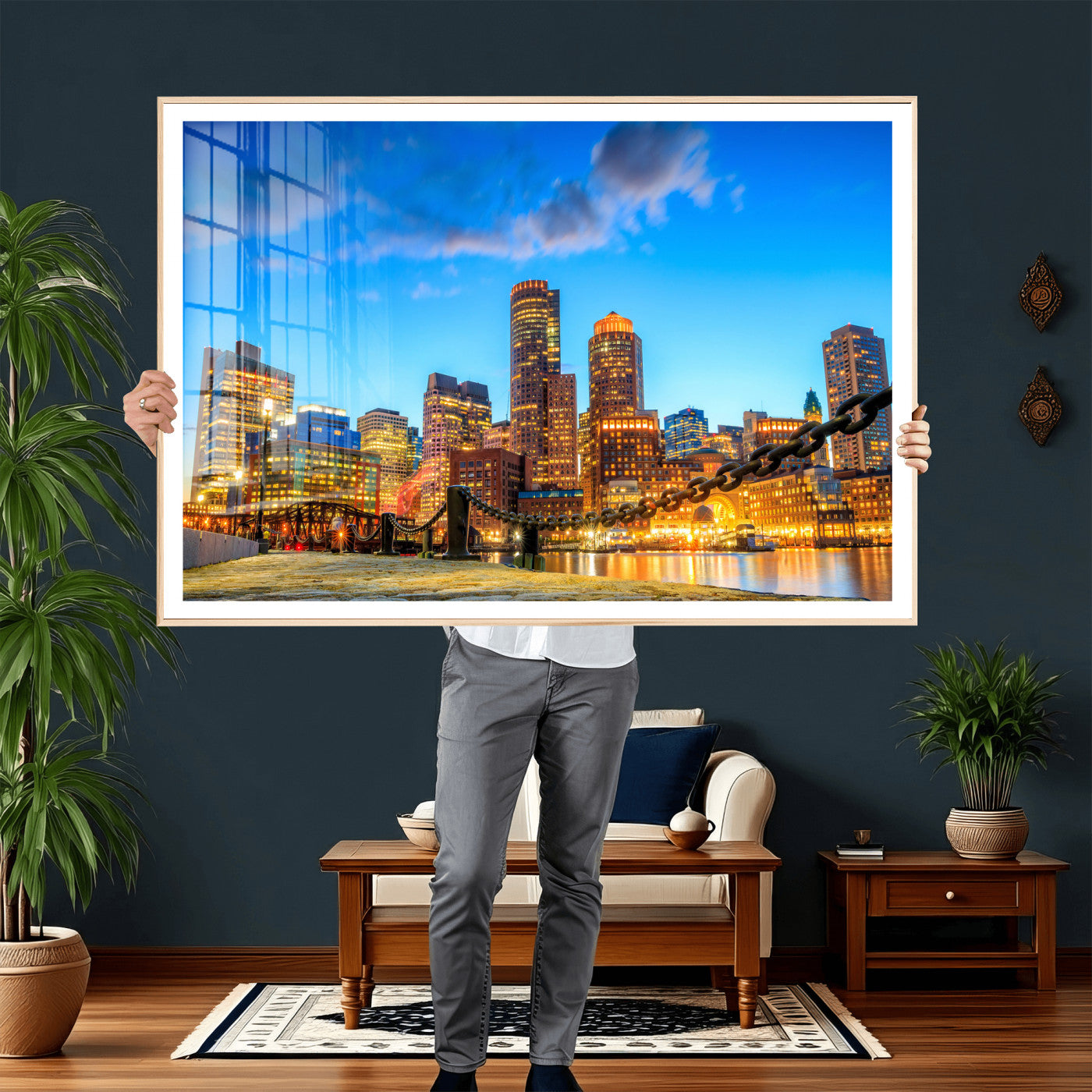 46736409-MGV-CV-36X24 - Boston Wall Art Canvas Print, Boston City Downtown Night Cityscape Print for Modern Urban Wall Decor