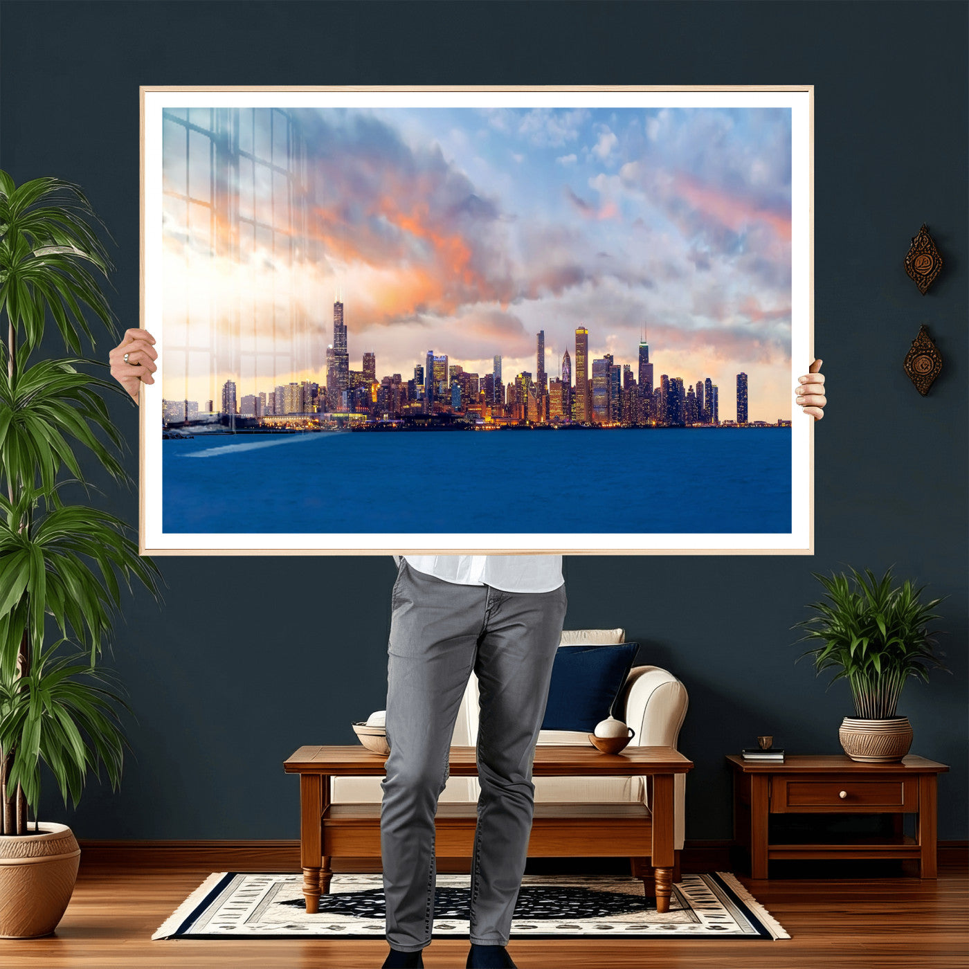 34667960-MGV-CV-36X24 - Chicago Wall Art Canvas Print, Chicago City Downtown Night Cityscape Print for Modern Urban Wall Decor