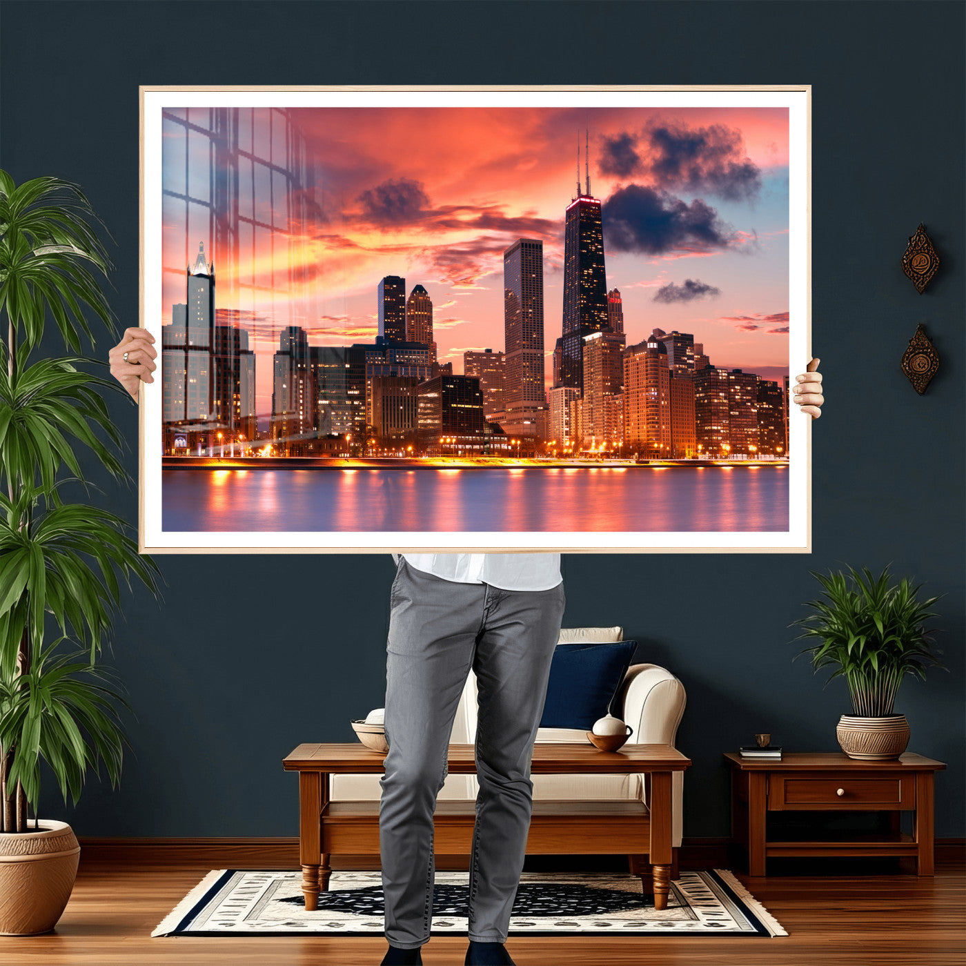 80390109-MGV-CV-36X24 - Chicago Wall Art Canvas Print, Chicago City Downtown Night Cityscape Print for Modern Urban Wall Decor
