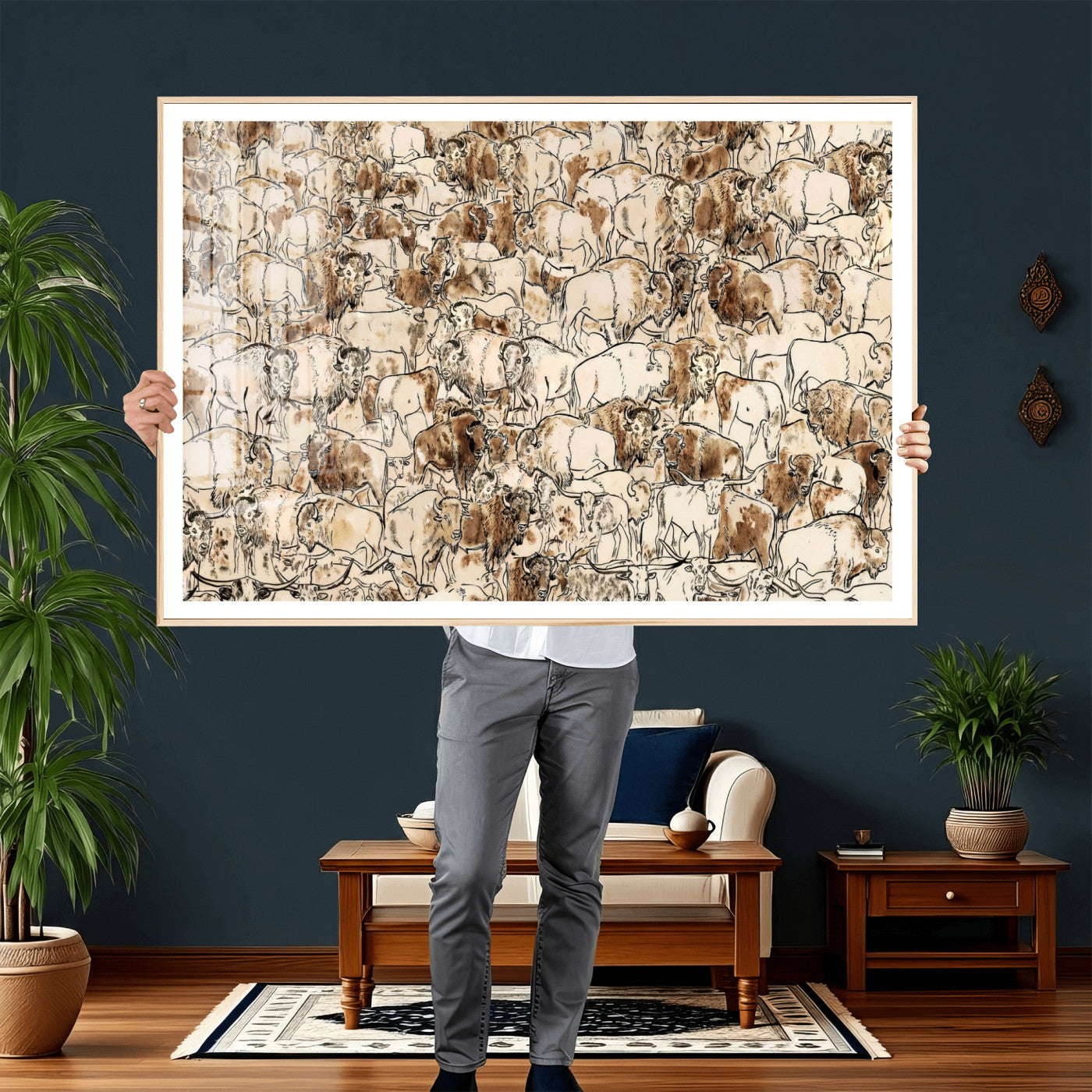 50142019-MGV-CV-36X24 - Farmhouse Animals Wall Art Canvas Print - Abstract Farm Animal Drawing Mid-Century Wall Art for Cabin Decor