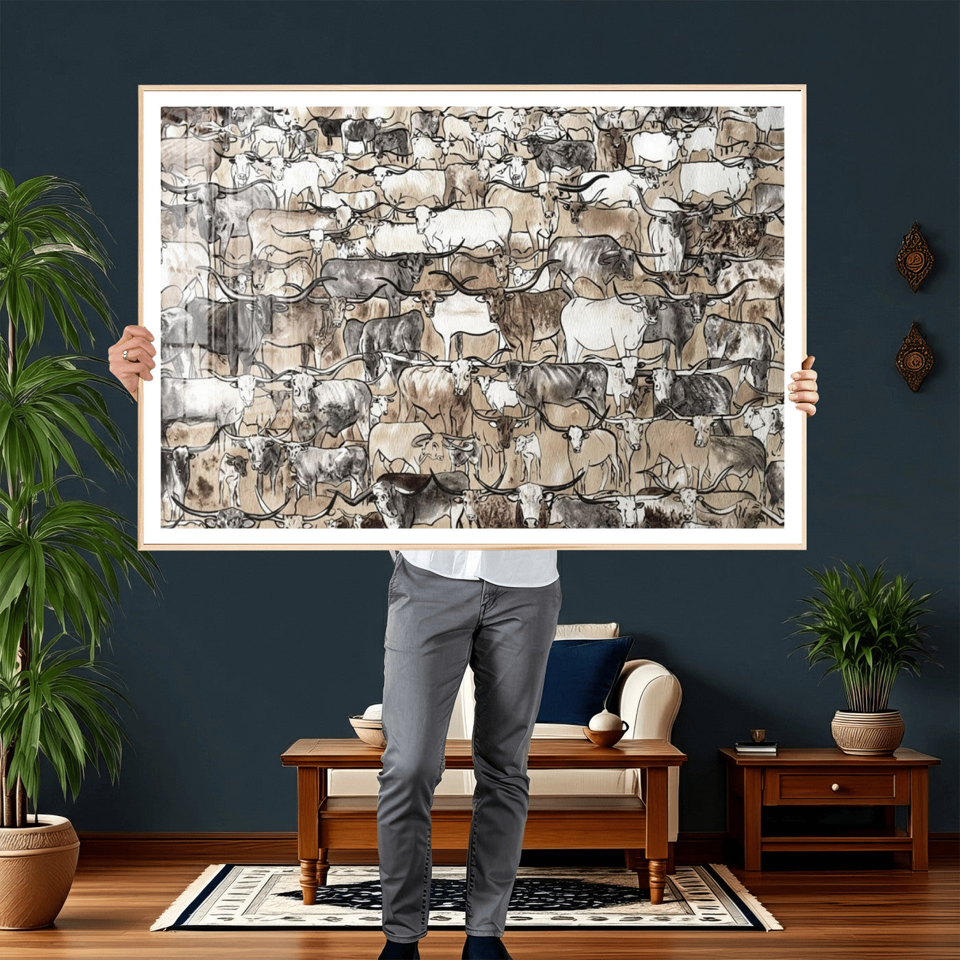 64368752-MGV-CV-36X24 - Farmhouse Animals Wall Art Canvas Print - Abstract Farm Animal Drawing Mid-Century Wall Art for Cabin Decor