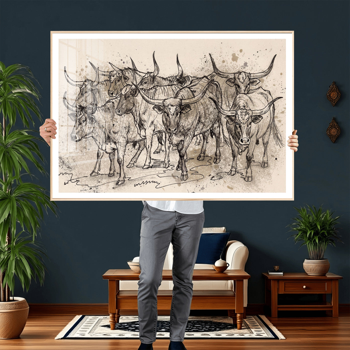 74232558-MGV-CV-36X24 - Farmhouse Animals Wall Art Canvas Print - Abstract Farm Animal Drawing Mid-Century Wall Art for Cabin Decor