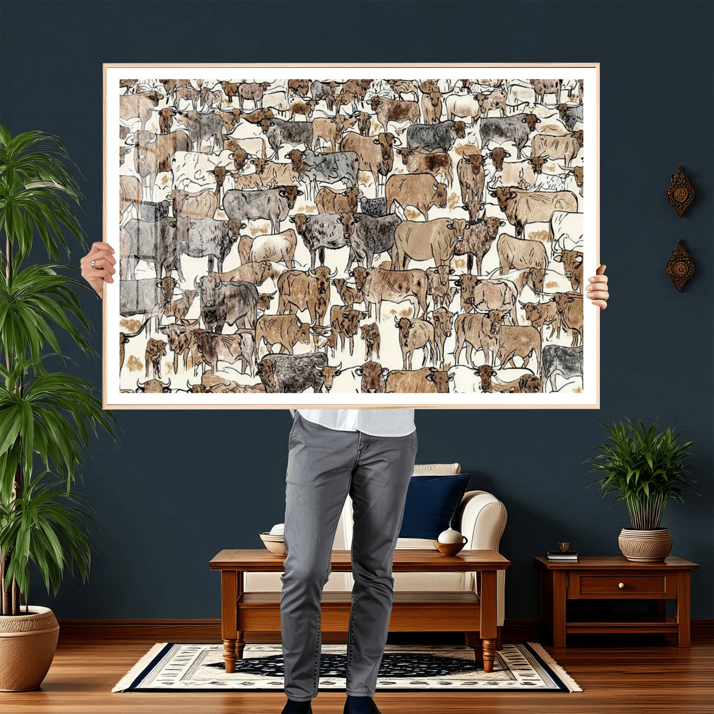 76902119-MGV-CV-36X24 - Farmhouse Animals Wall Art Canvas Print - Abstract Farm Animal Drawing Mid-Century Wall Art for Cabin Decor