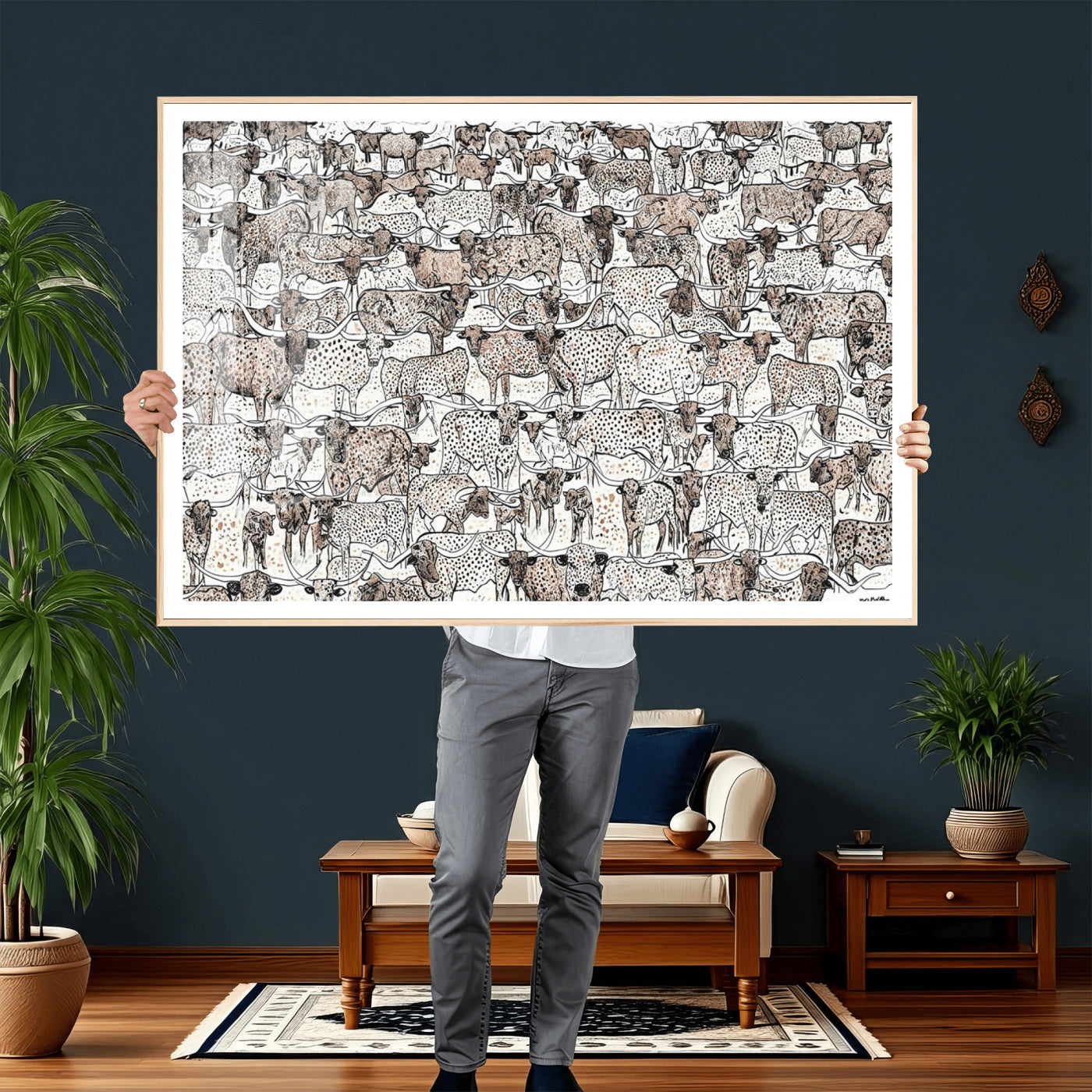 49200255-MGV-CV-36X24 - Farmhouse Animals Wall Art Canvas Print - Abstract Farm Animal Drawing Mid-Century Wall Art for Cabin Decor