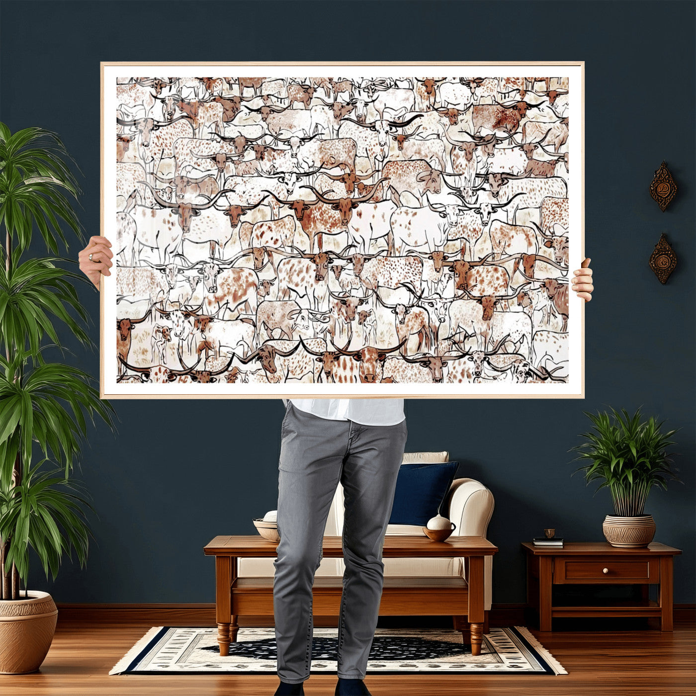 71869761-MGV-CV-36X24 - Farmhouse Animals Wall Art Canvas Print - Abstract Farm Animal Drawing Mid-Century Wall Art for Cabin Decor