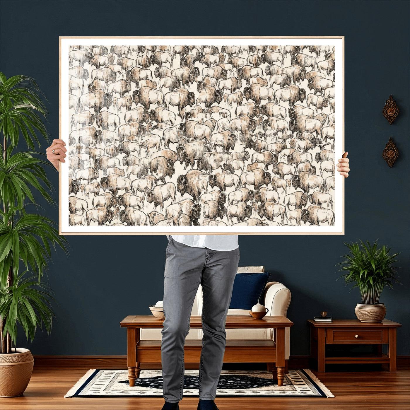 77502929-MGV-CV-36X24 - Farmhouse Animals Wall Art Canvas Print - Abstract Farm Animal Drawing Mid-Century Wall Art for Cabin Decor