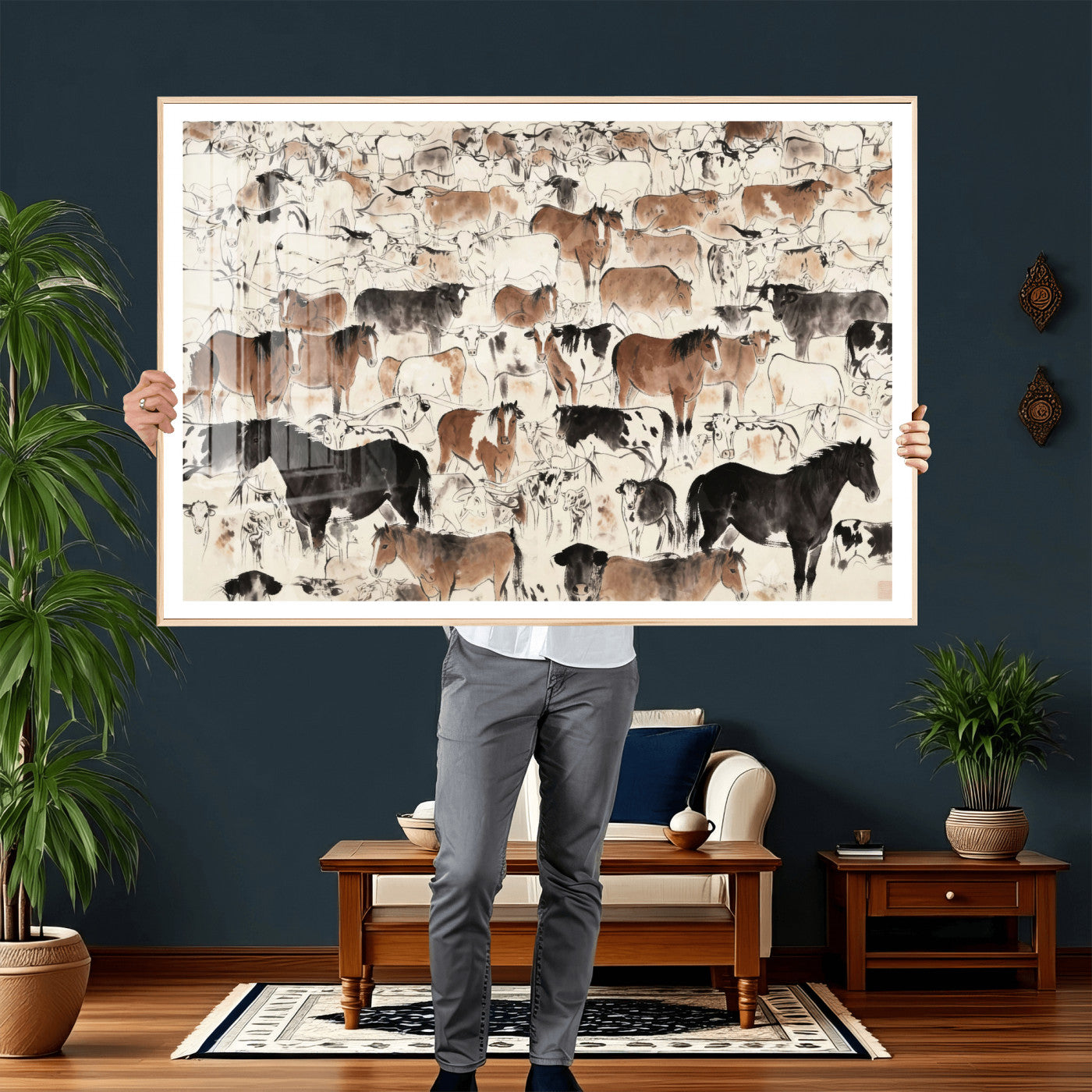 74171578-MGV-CV-36X24 - Farmhouse Animals Wall Art Canvas Print - Abstract Farm Animal Drawing Mid-Century Wall Art for Cabin Decor