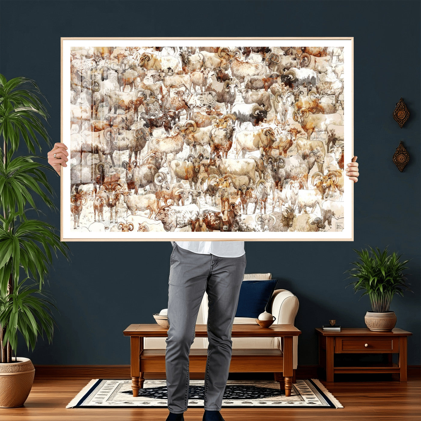 95103864-MGV-CV-36X24 - Farmhouse Animals Wall Art Canvas Print - Abstract Farm Animal Drawing Mid-Century Wall Art for Cabin Decor