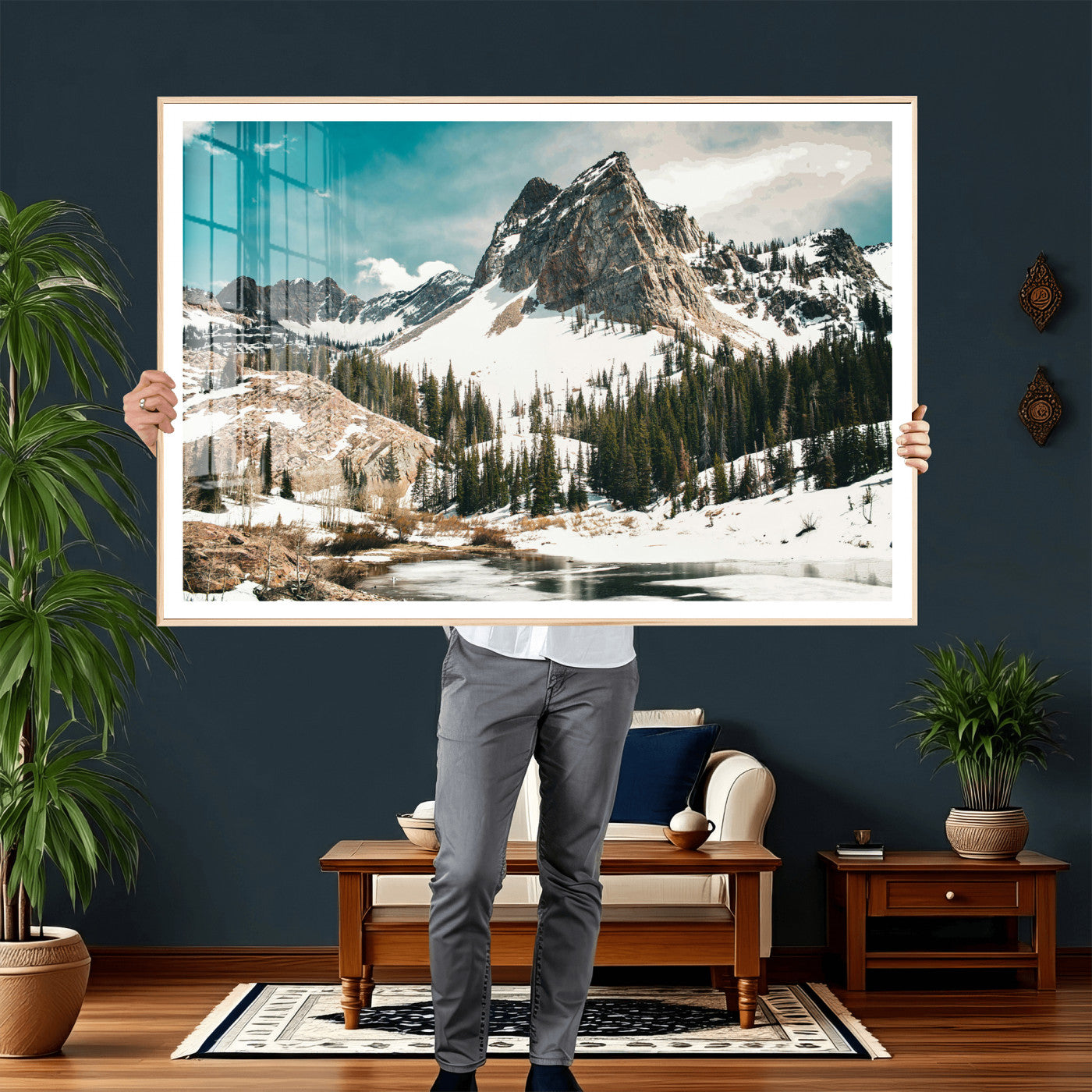 56837070-MGV-CV-36X24 - Snowy Mountain Landscape Wall Art Canvas Print, Alpine Pine Forest Winter Nature Wall Decor for Living Room and Office