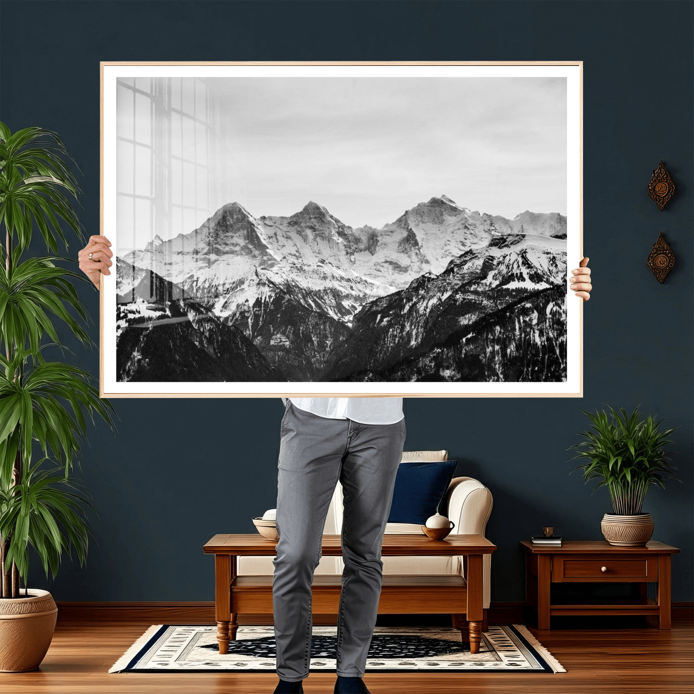 85684934-MGV-CV-36X24 - Black and White Mountain Wall Art Canvas Print, Snowy Alpine Peaks Landscape Photography, Minimal Monochrome Mountain Art, Scenic Nature Wall Decor
