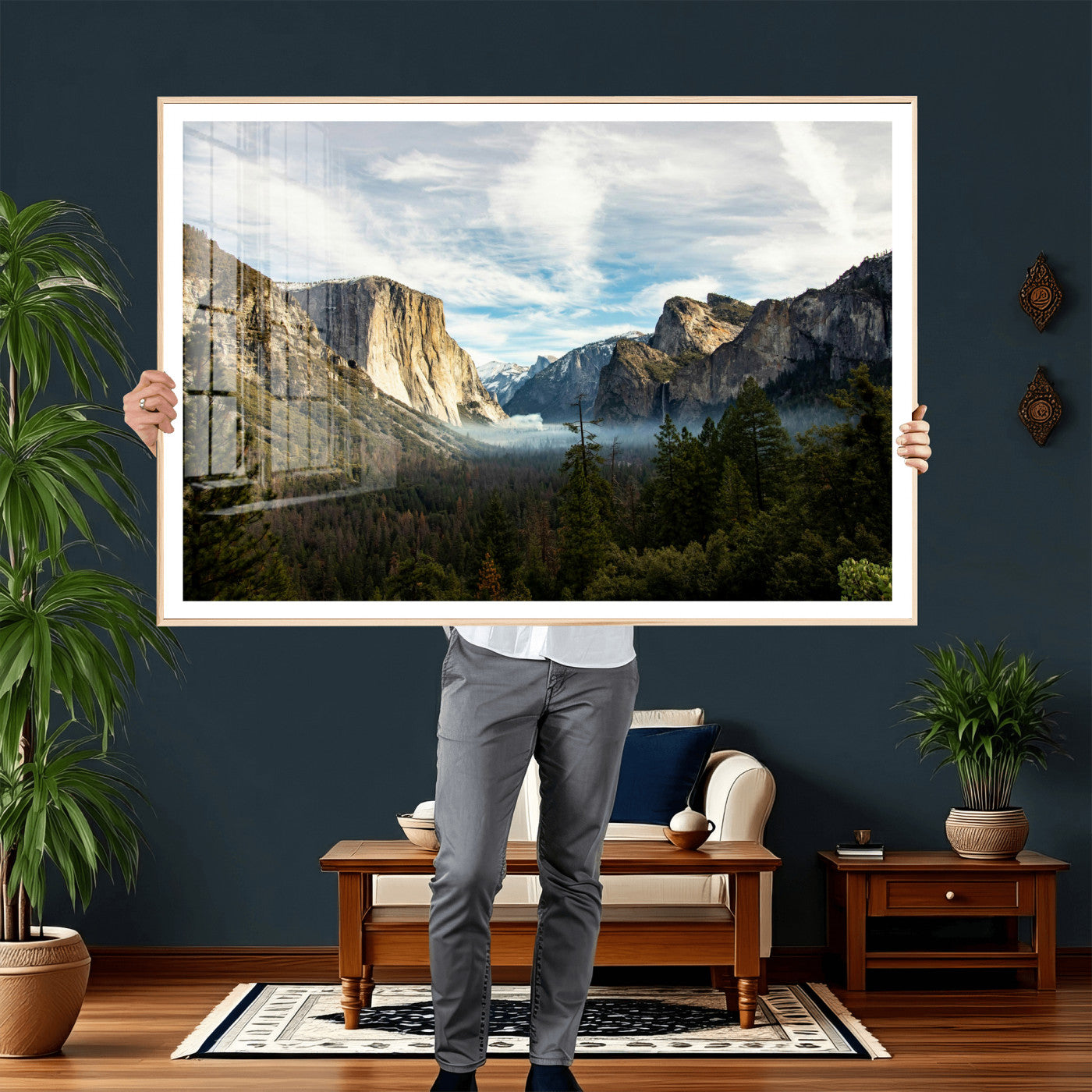 15089394-MGV-CV-36X24 - Yosemite Valley Mountain Landscape Wall Art Canvas Print, Granite Cliff Forest Valley Canvas Print, California National Park Scenic Art Printing