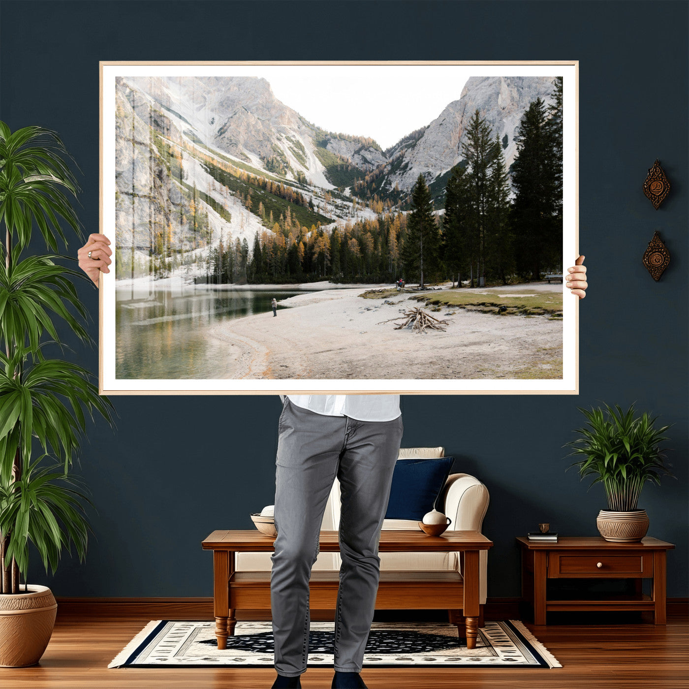 89246758-MGV-CV-36X24 - Lake Braies Alpine Landscape Wall Art Canvas Print, Dolomites Mountain Lake Forest Canvas Print, Italian Alps Scenic Nature Art Printing