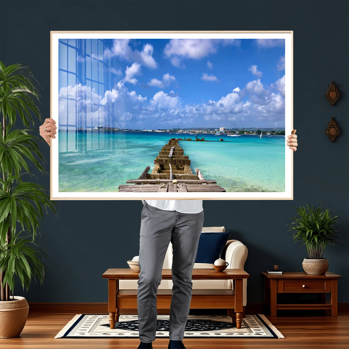 43165024-MGV-CV-36X24 - Caribbean Ocean Pier Seascape Wall Art Canvas Print, Turquoise Sea Tropical Harbor Canvas Print, Island Coastal Blue Water Scenic Art Printing