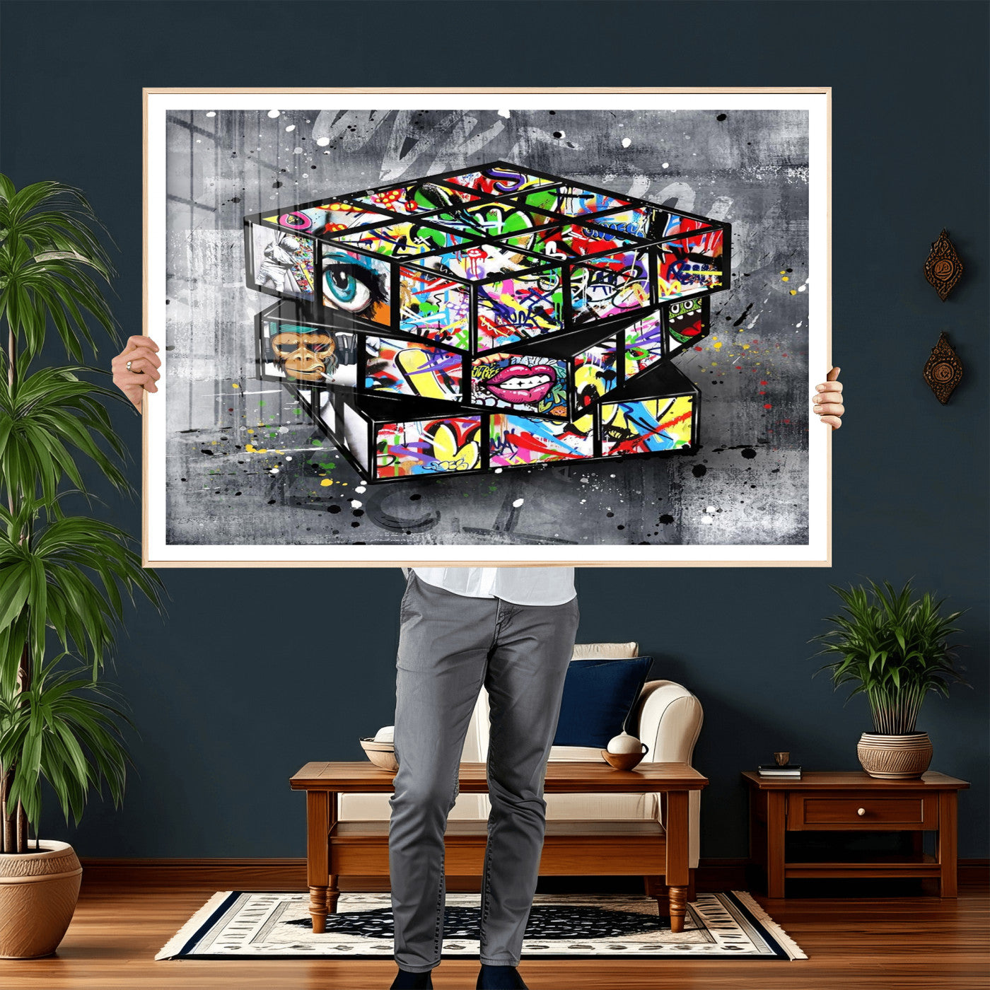 46789556-MGV-CV-36X24 - Graffiti Cube Abstract Street Art Wall Art Canvas Print, Colorful Urban Pop Art Geometric Canvas Print, Modern Street Art Contemporary Art Printing