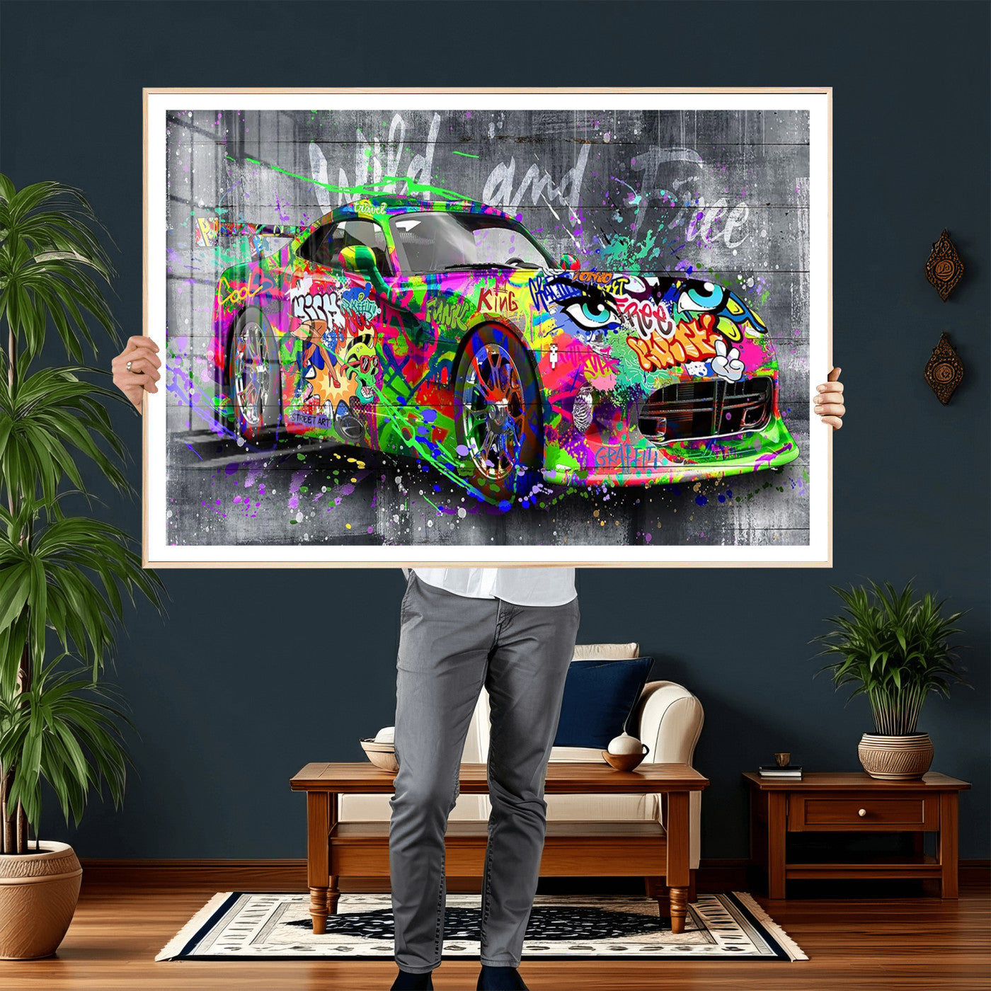 95314968-MGV-CV-36X24 - Graffiti Sports Car Street Art Wall Art Canvas Print, Colorful Urban Supercar Pop Art Canvas Print, Modern Graffiti Car Contemporary Art Printing