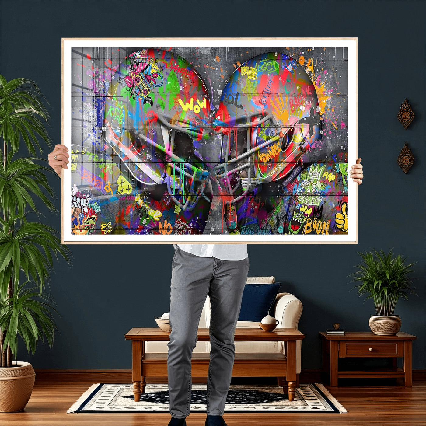 15309853-MGV-CV-36X24 - Graffiti Football Helmets Wall Art Canvas Print, Urban Street Art Sports Decor, Colorful American Football Graffiti Artwork