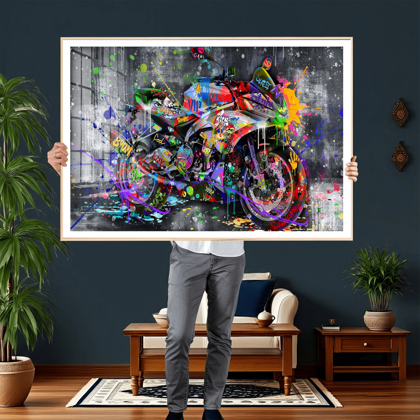 83021767-MGV-CV-36X24 - Graffiti Motorcycle Wall Art Canvas Print, Urban Street Art Motorbike Decor, Colorful Graffiti Sports Bike Artwork