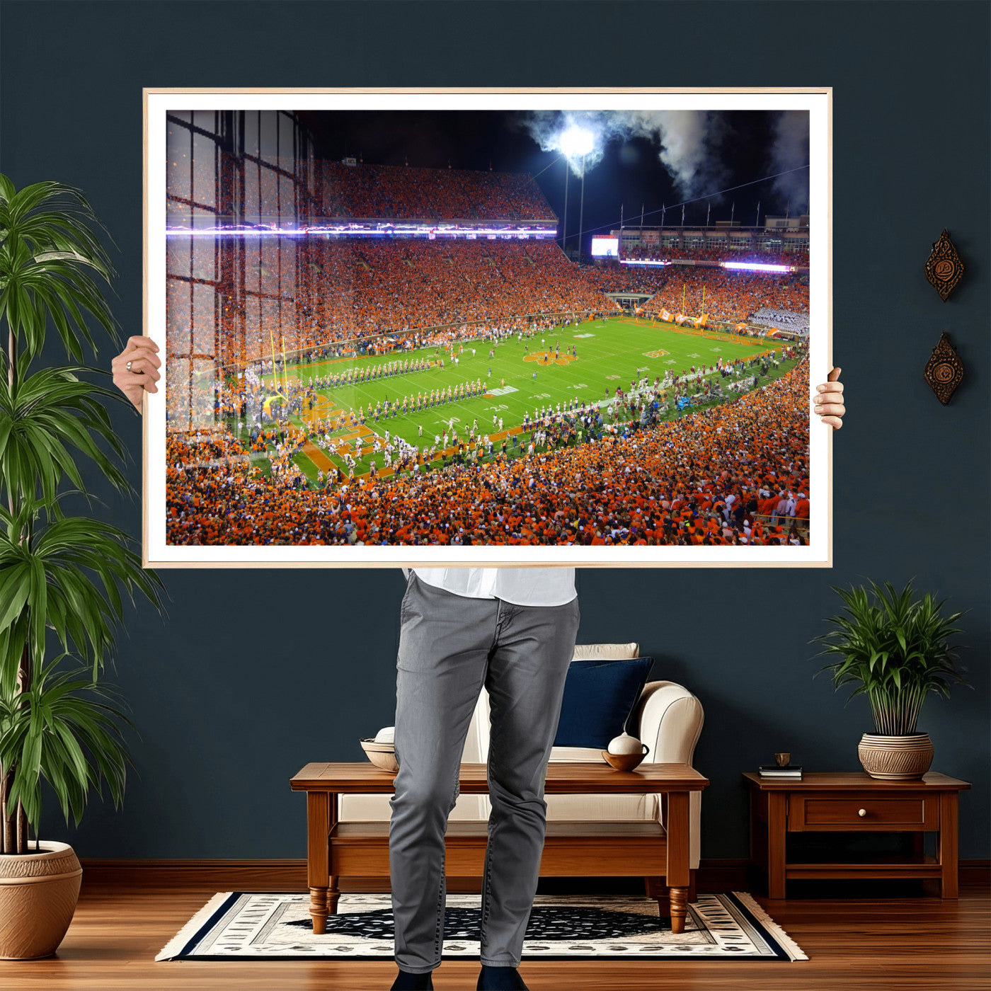 43662631-MGV-CV-36X24 - Clemson Football Stadium Wall Art Canvas Print, College Football Crowd Night Game Scene, Orange Stadium Panorama Wall Decor