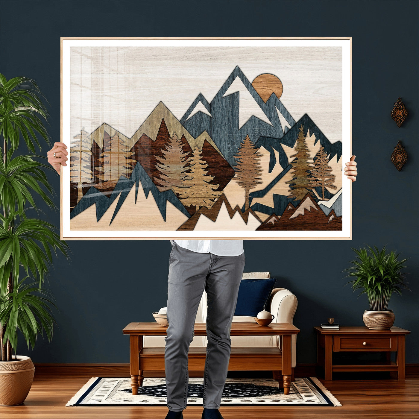 61833055-MGV-CV-36X24 - Mountain Forest Wall Art Canvas Print, Layered Wood Landscape Artwork, Rustic Nature Wall Decor for Living Room