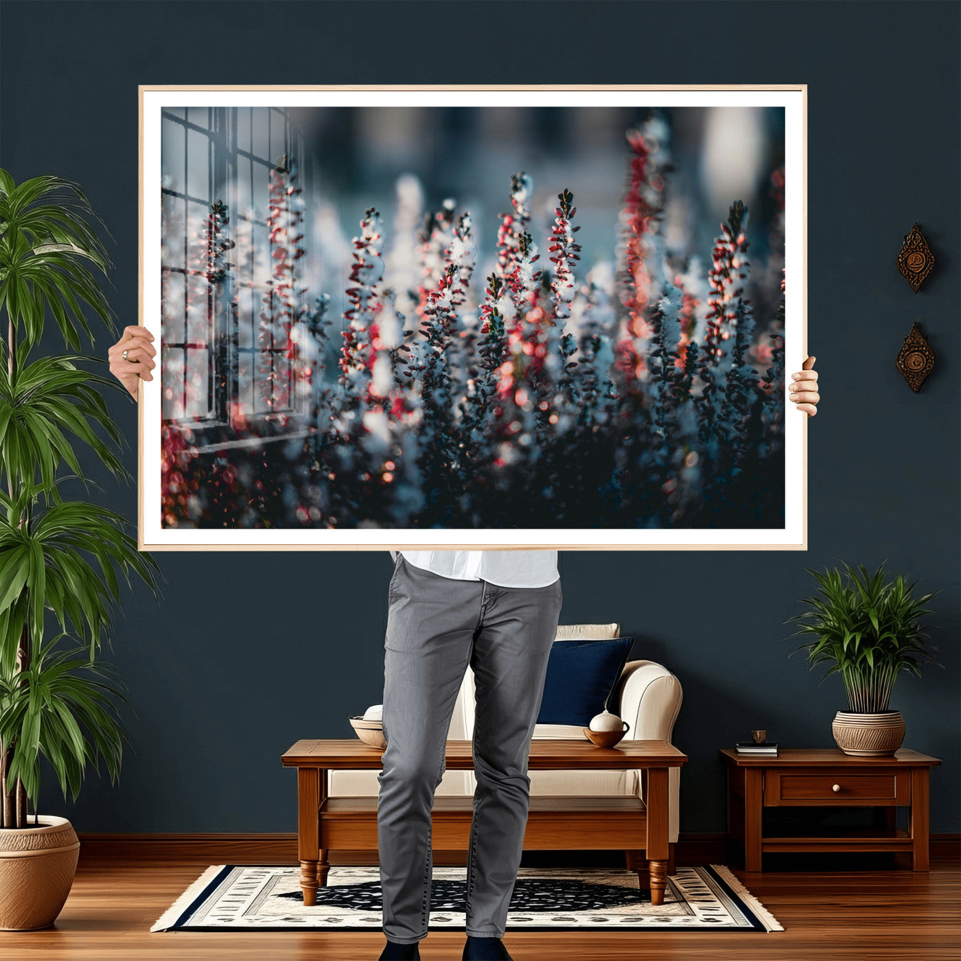 82063935-MGV-CV-36X24 - Winter Heather Wall Art Canvas Print, Frosted Floral Nature Art, Moody Botanical Wall Decor