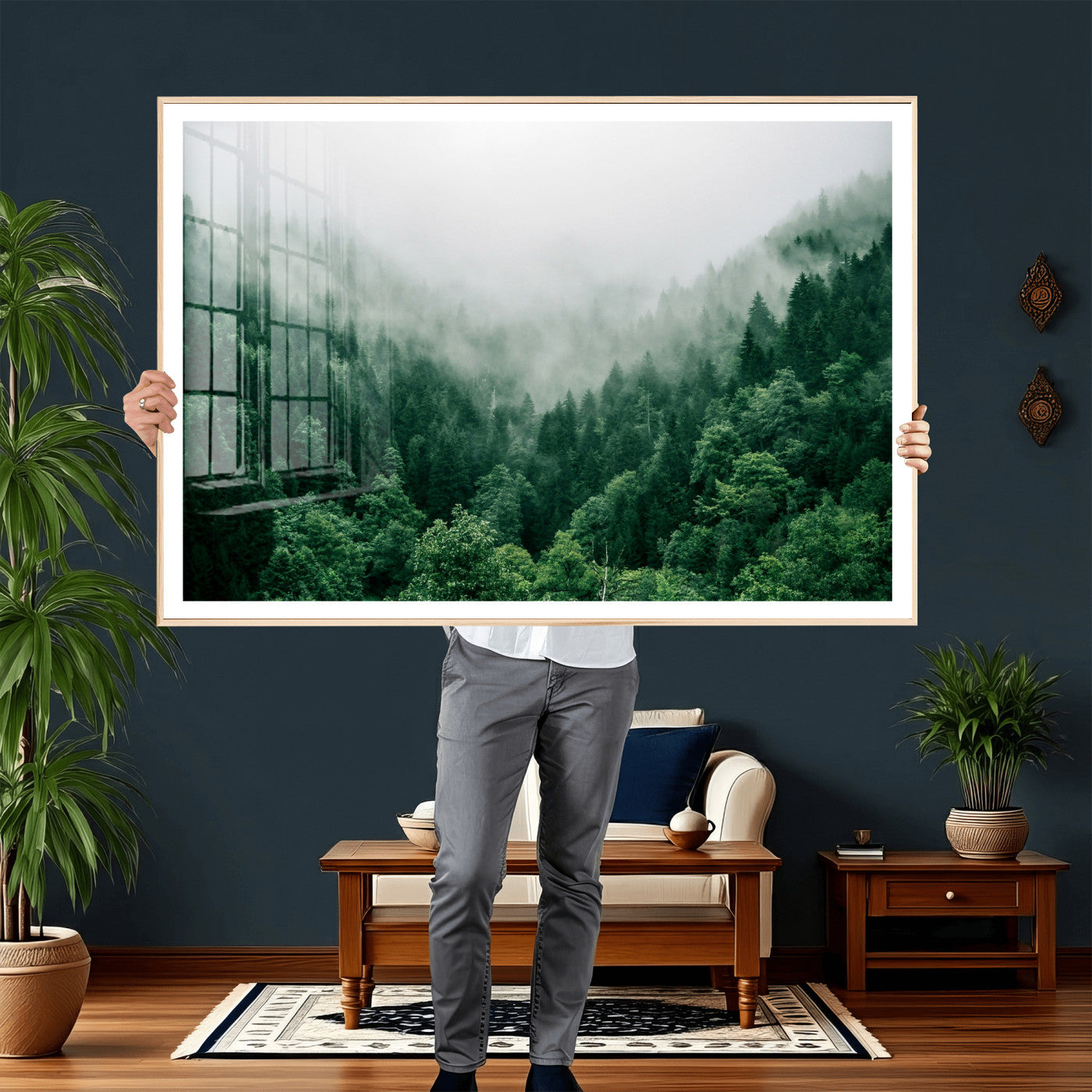 61640815-MGV-CV-36X24 - Misty Pine Forest Wall Art Canvas Print, Foggy Evergreen Landscape Wall Decor, Moody Green Nature Artwork, Minimal Forest Canvas Wall Art, Framed Canvas Wall Art Ready to Hang