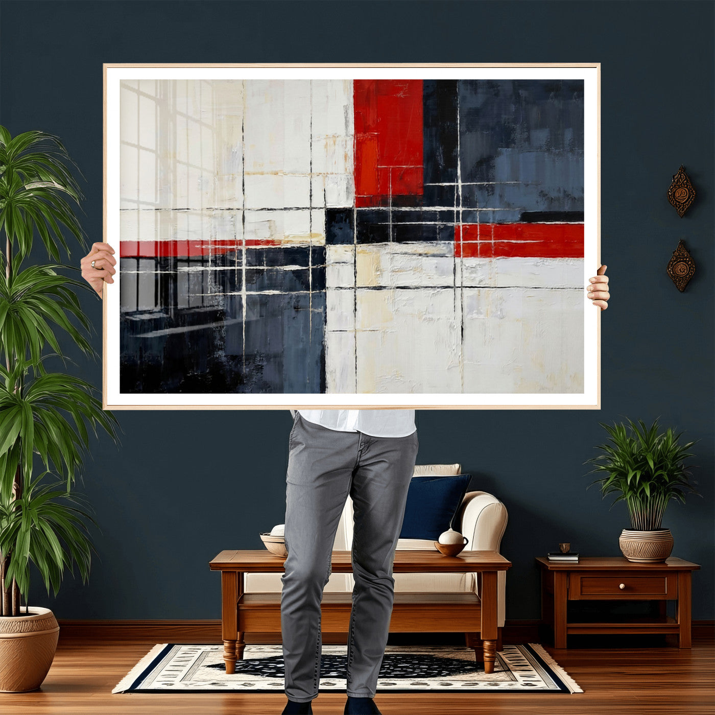 44088165-MGV-CV-36X24 - Navy Red Abstract Wall Art Canvas Print, Modern Luxury Geometric Painting Wall Decor for Living Room and Office