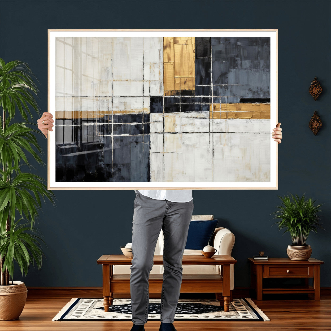 78975677-MGV-CV-36X24 - Gold Abstract Wall Art Canvas Print, Modern Luxury Geometric Painting Wall Decor for Living Room and Office